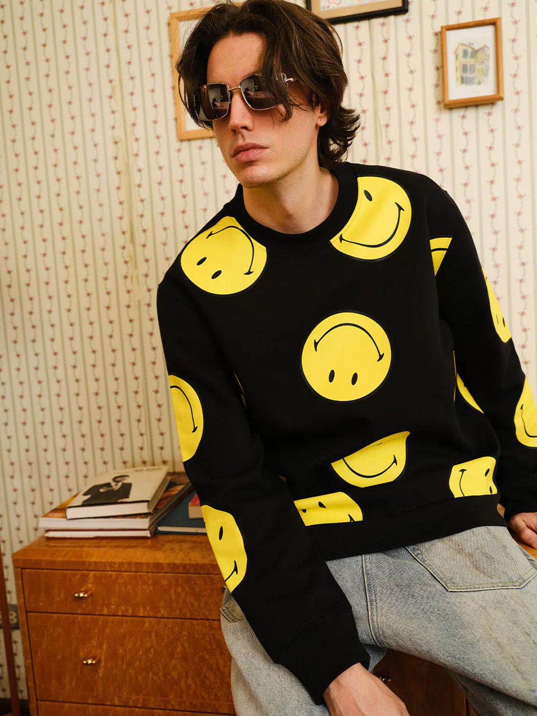 Bonkers Corner Men Black Smiley Originals All Over Sweatshirt