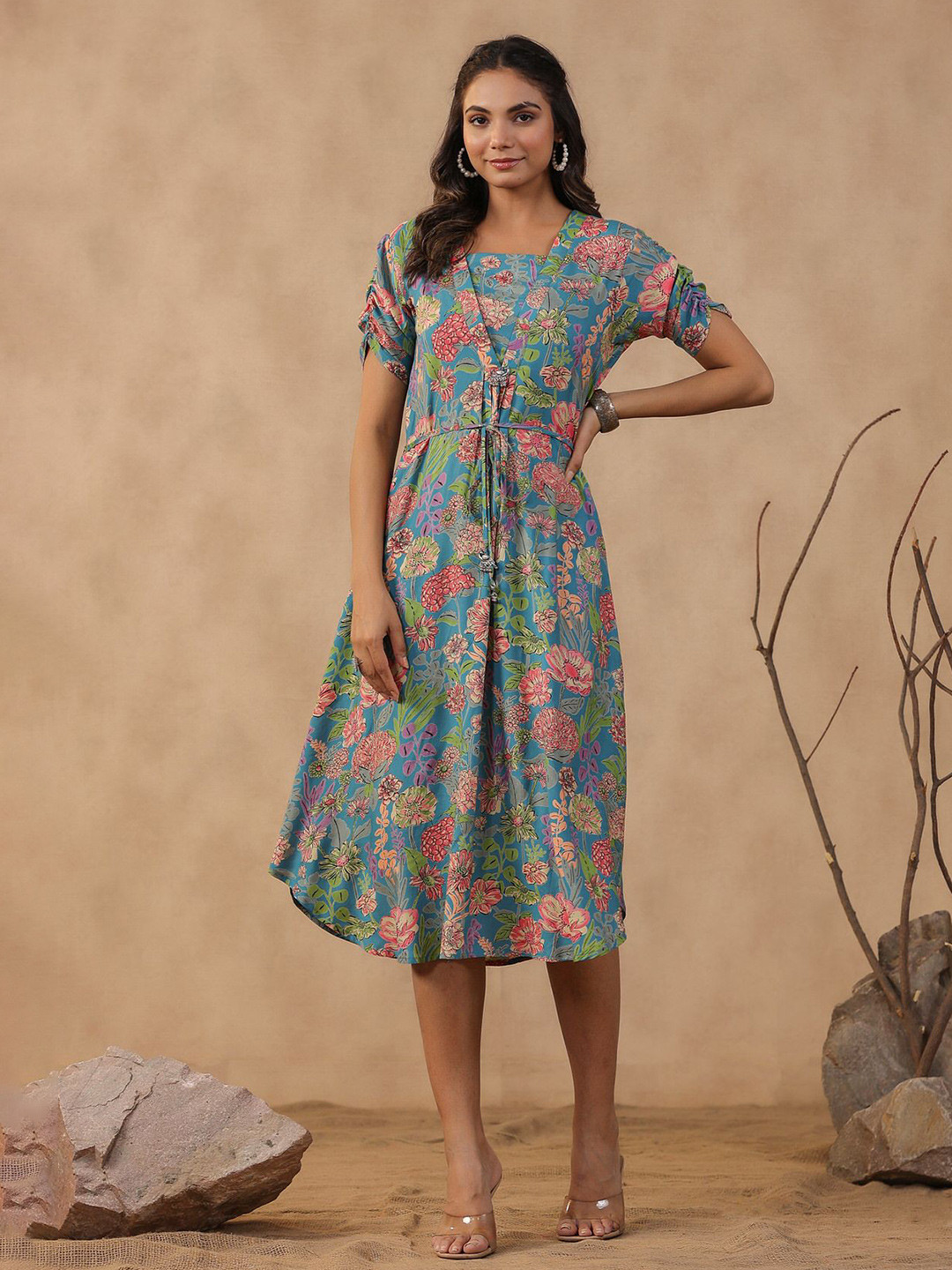 JISORA Women's Green Pritned Russian Silk Dress