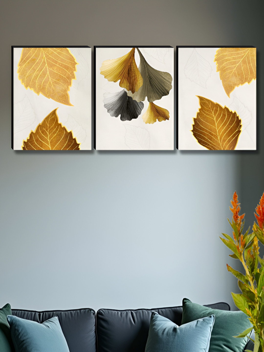 SAF White & Gold-Toned 3 Piece Floral And Botanical Leaf Wood Wall Art