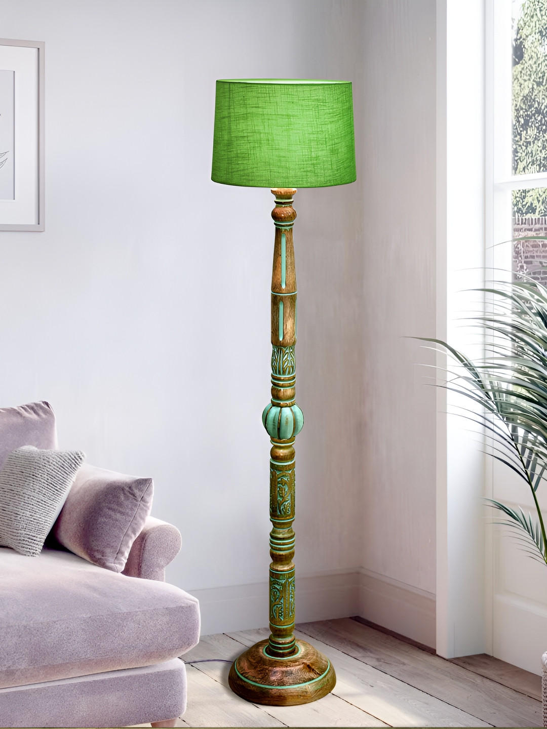 Homesake Royal Carving Green & Brown Antique Algae Finish Wooden Floor Lamp With Shade