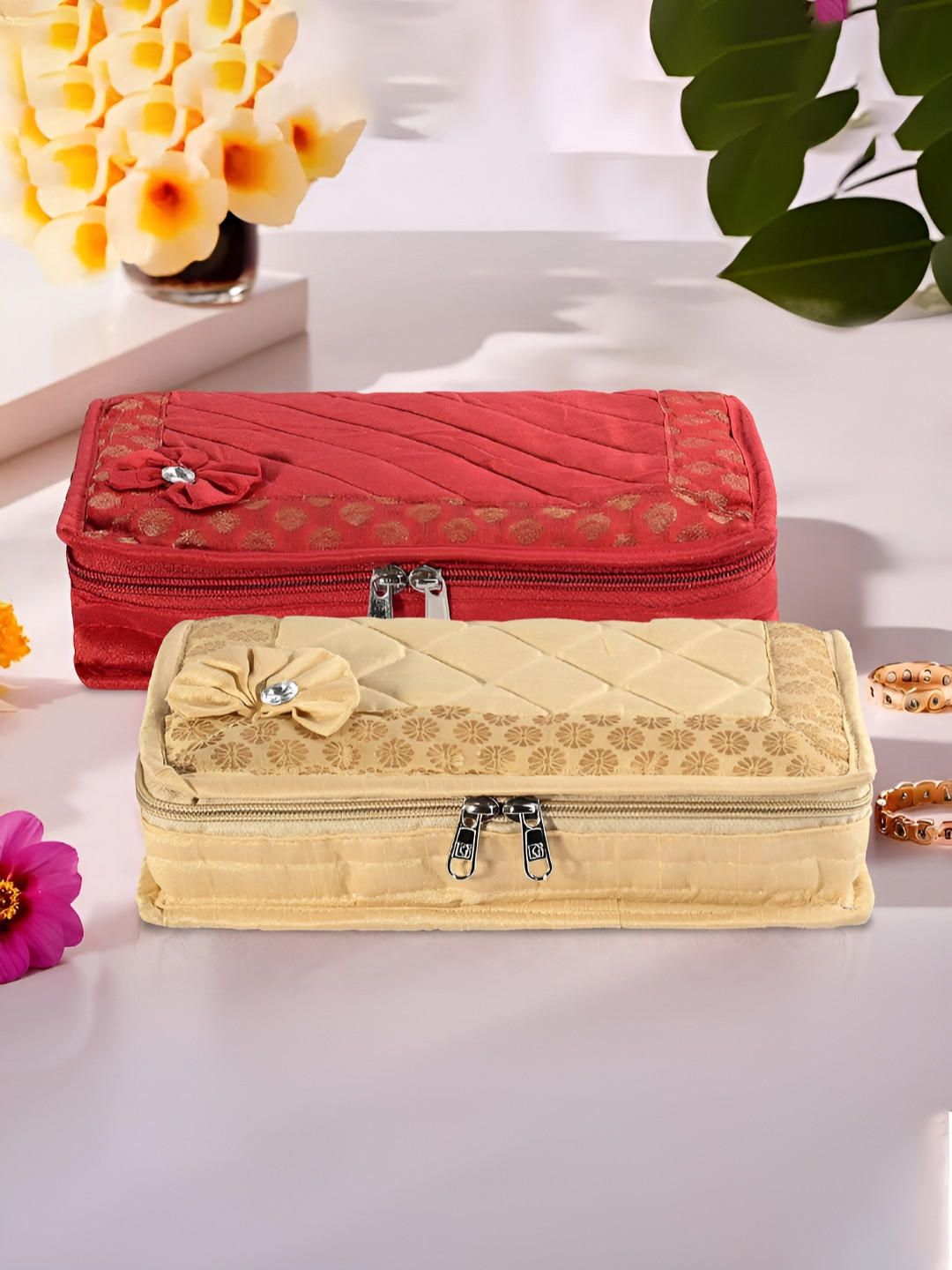 Myntra Elegant Homes Gold-Toned & Red 2 Pieces 7-Compartments Jewellery Organisers