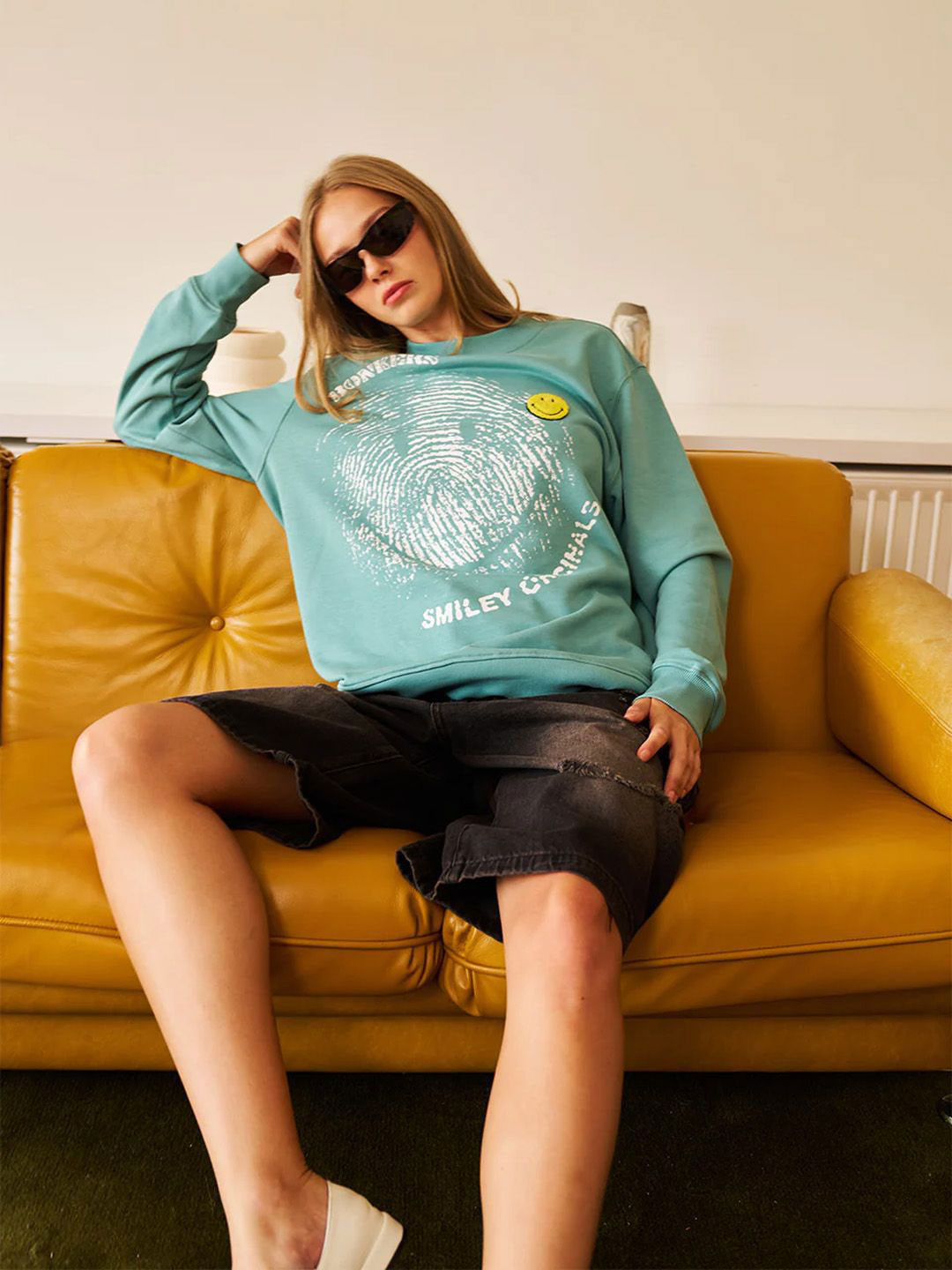 Bonkers Corner Women Smiley Originals Chenille Patch Sleeves Sweatshirt