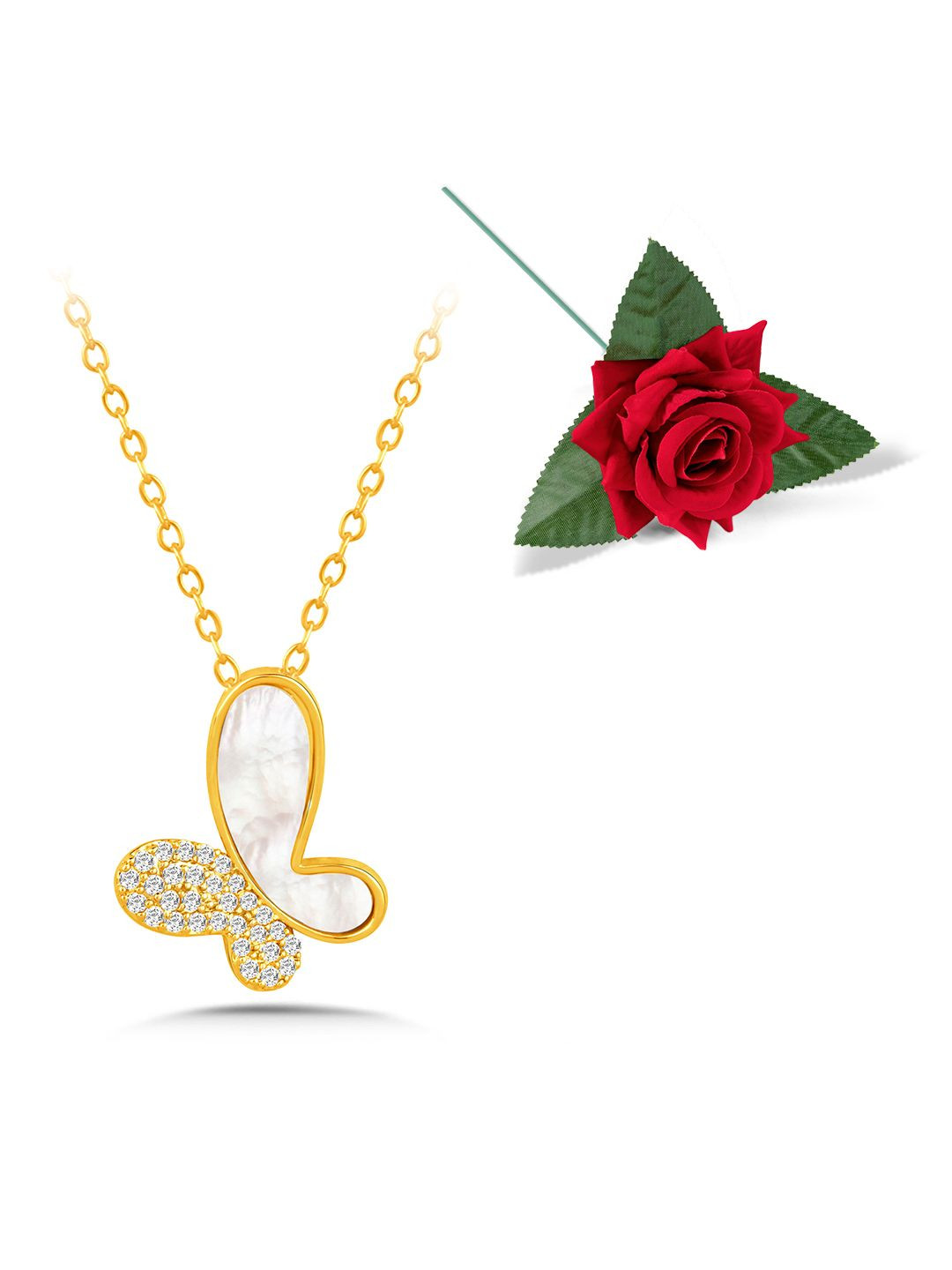 Peora Gold-Plated CZ Studded & Mother of Pearls Butterfly Shaped Chain With Red Rose