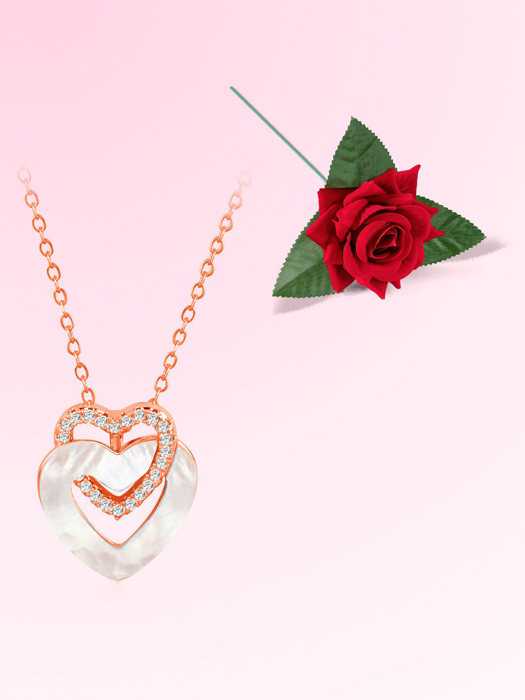 Peora Rose Gold-Plated Cubic Zirconia-Studded Entangled Heart Chain With Rose