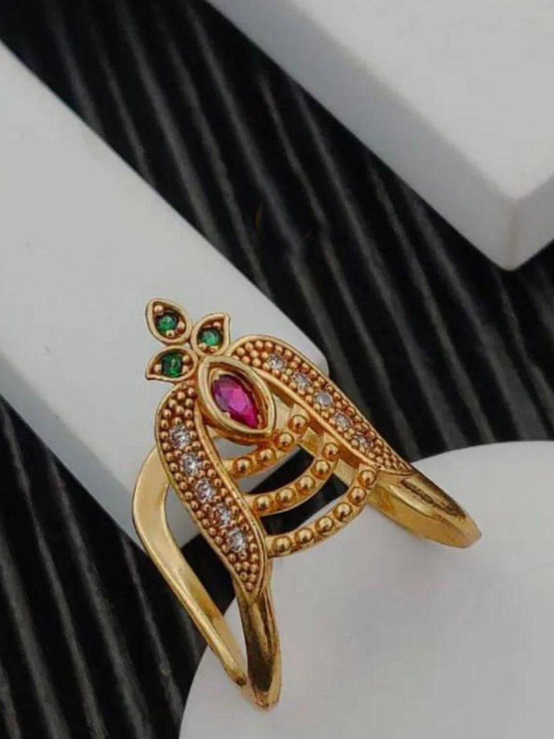 DIMIKI Gold-Plated American Diamonds Studded Vanki Adjustable Finger Ring