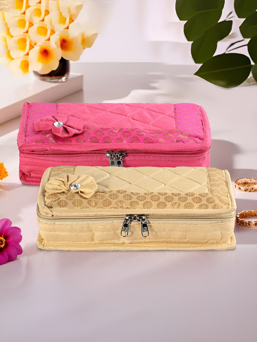 Myntra Elegant Homes 2 Piece Pink And Yellow Embroidery Jewellery Organisers