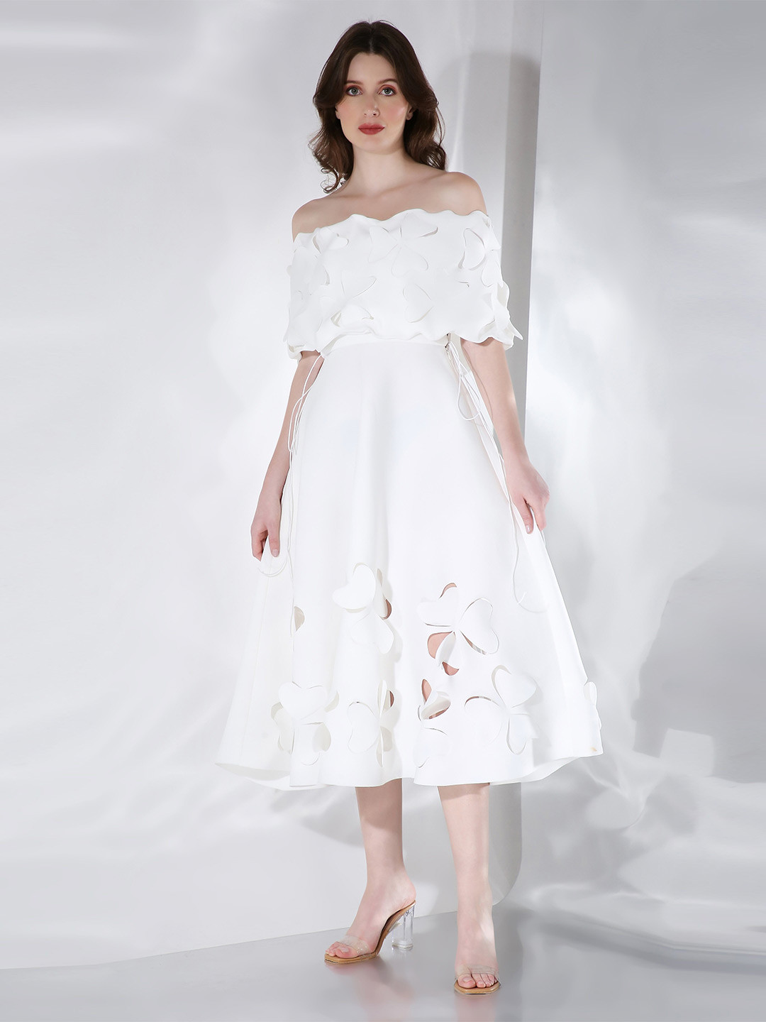 OZEQO Scuba Self Design Off Shoulder Fit & Flare Midi Dress