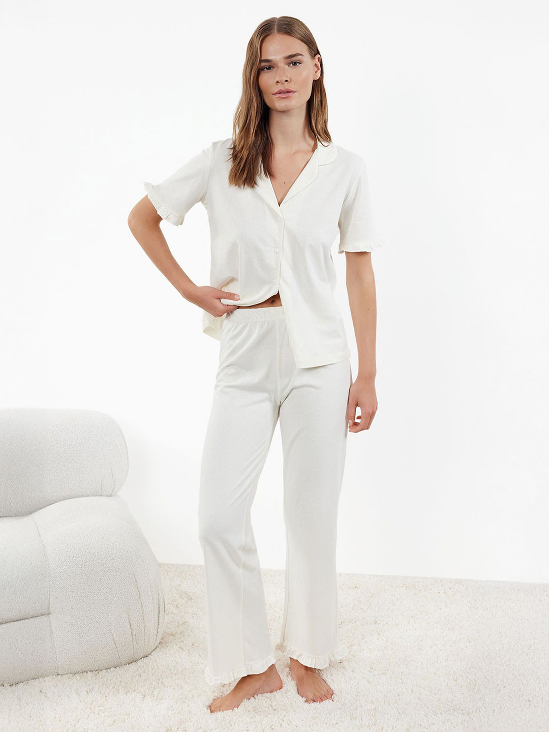 Trendyol Women Pure Cotton Ruffle-Detail Lapel Collar Night Suit