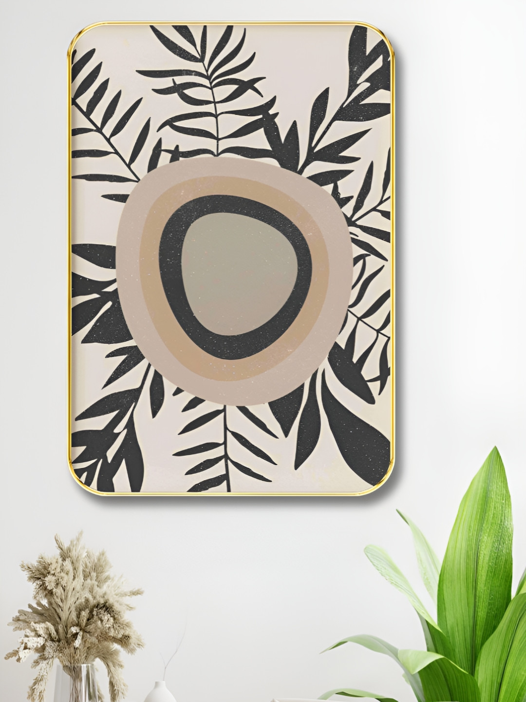 SAF Beige & Grey Leafs Printed Wooden Wall Paintings