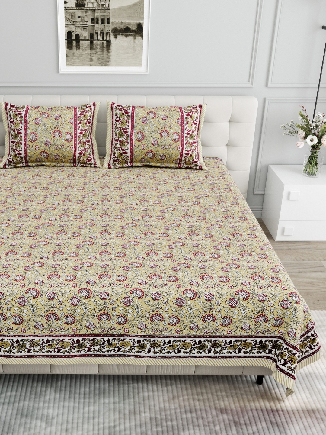 Urban Jaipur Elite Collection Green Floral Cotton 186 TC King Fine Bedsheet with 2 Pillow Covers-108 x 100 inches