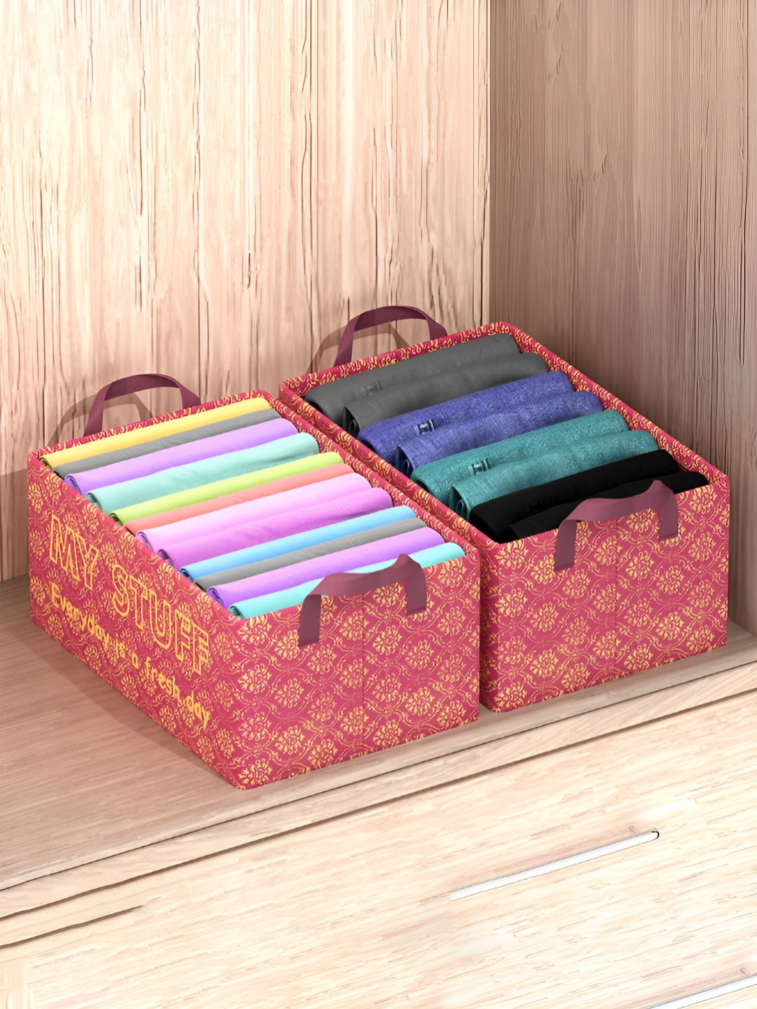 Myntra Elegant Homes Maroon & Yellow 2 Pcs Non-Woven Clothes Storage Box Drawer Organisers