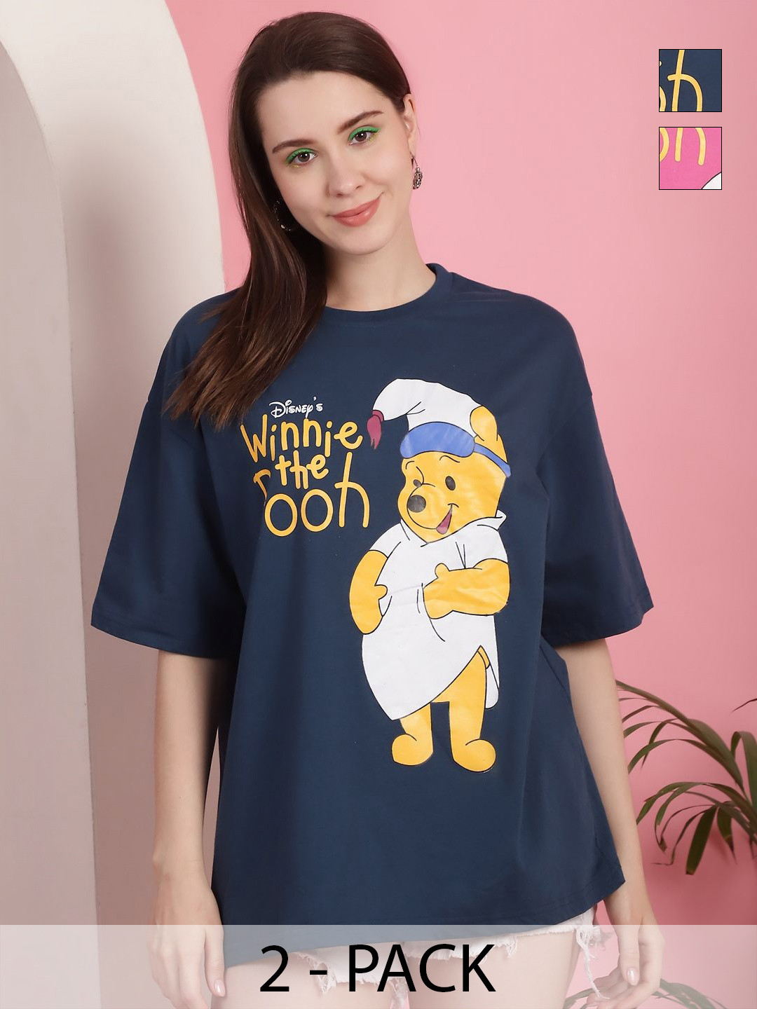 Dreambe Women Pack of 2 Winnie The Pooh Typography Printed Cotton Oversized T-shirts