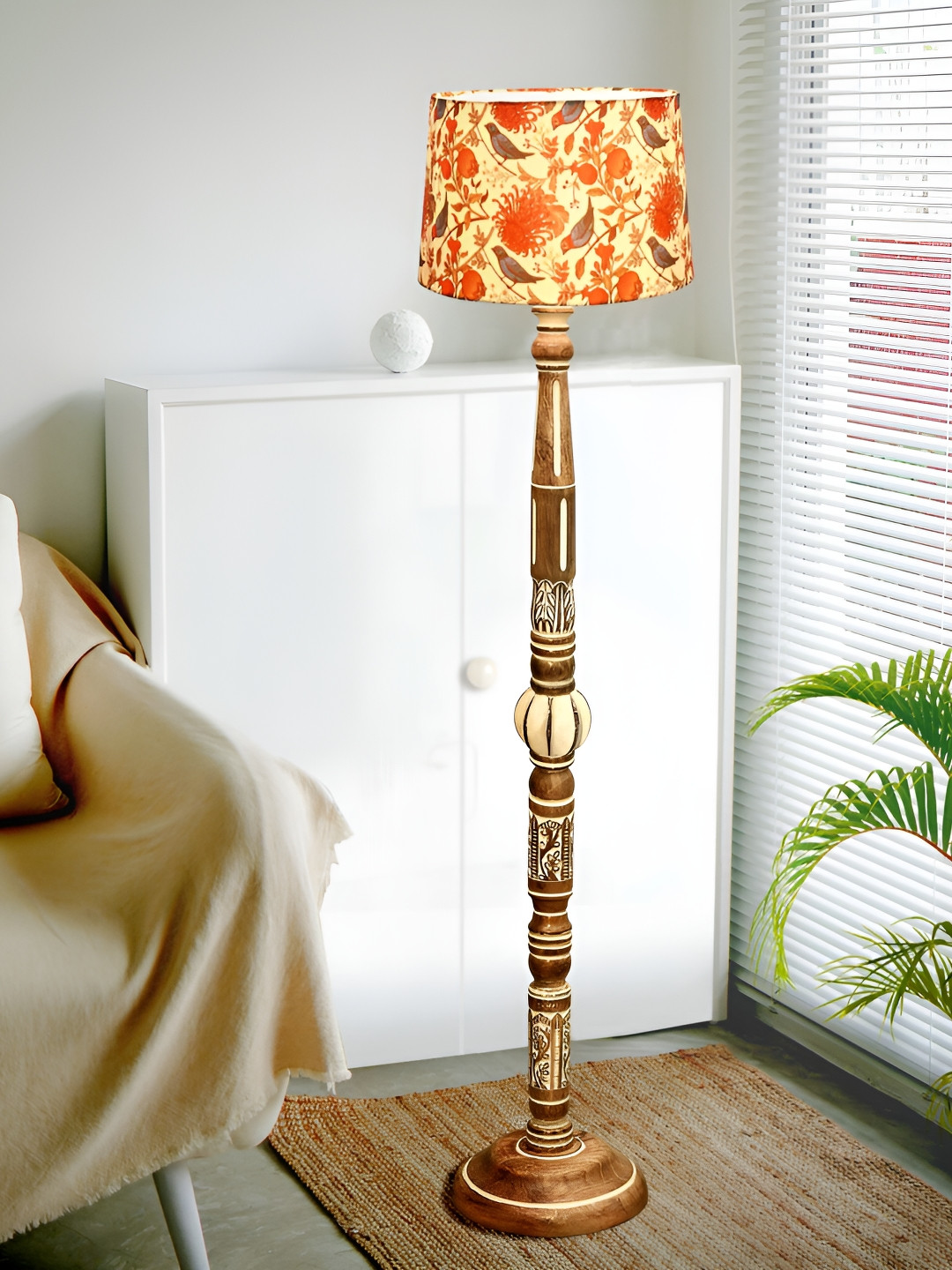 Homesake Royal Carving Yellow Printed Antique White Finish Wooden Floor Lamp With Shade