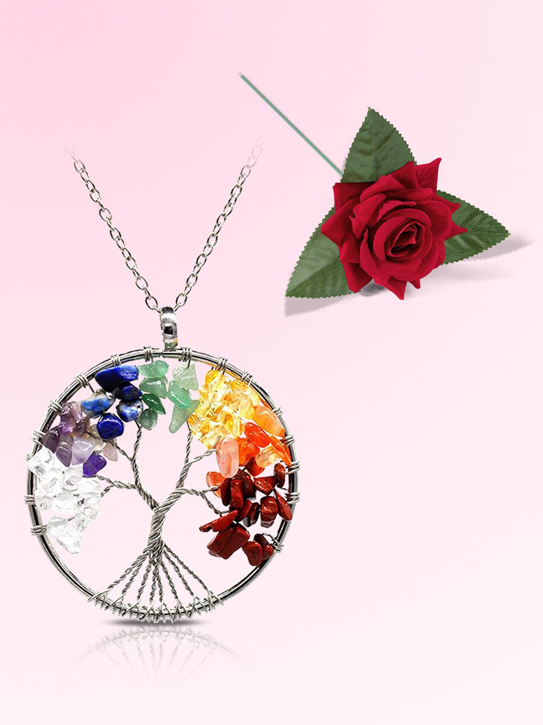 Peora Silver-Plated Artificial Stones Studded Circular Pendants With Chains And Red Rose