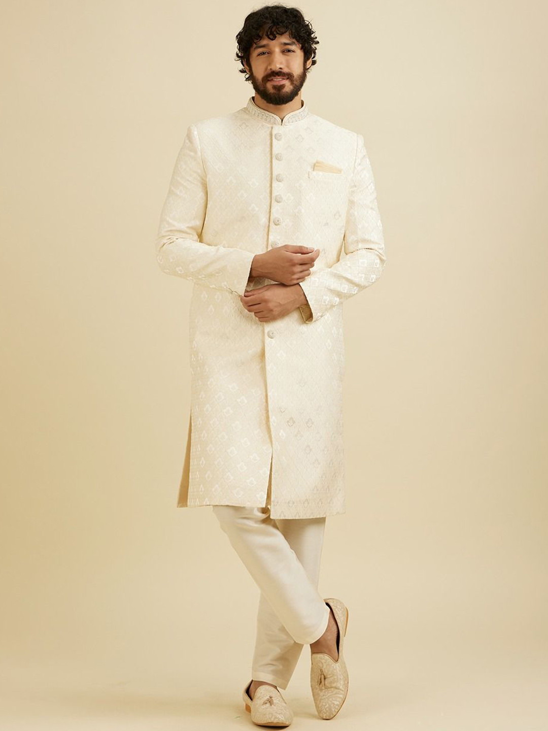 Manyavar Men Self-Designed Mandarin Collar Side Slit  Brocade Sherwani & Pyjamas Set