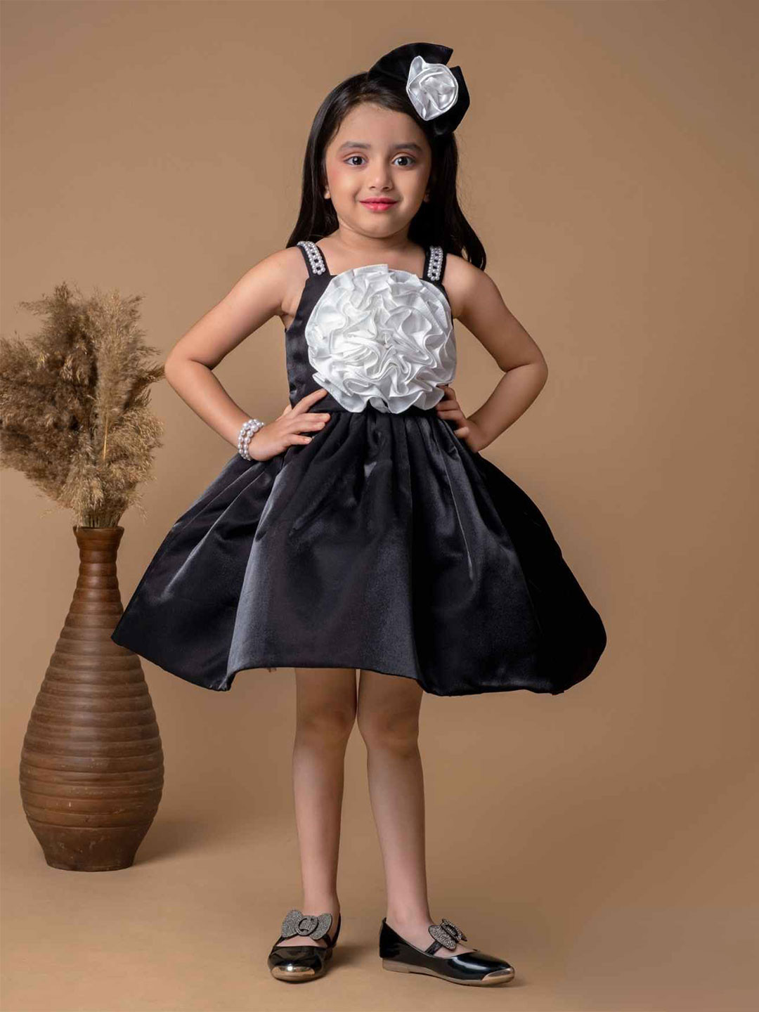 Lagorii Girls Fit & Flare Pearl Work And Floral Embellished Party Wear Frock - Black