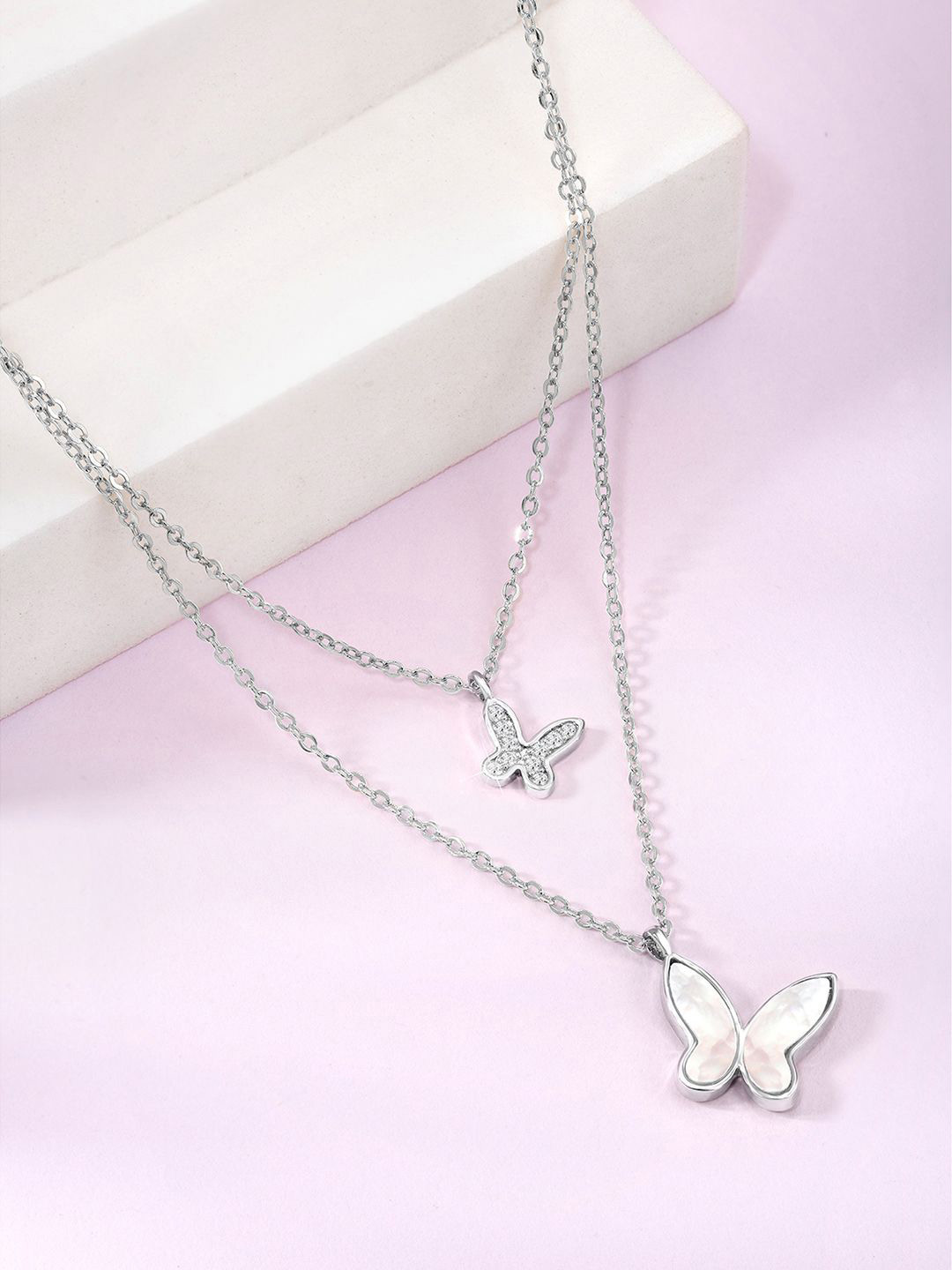 Peora Silver-Plated Cubic Zirconia Butterfly Layered Necklace With Chain And Red Rose