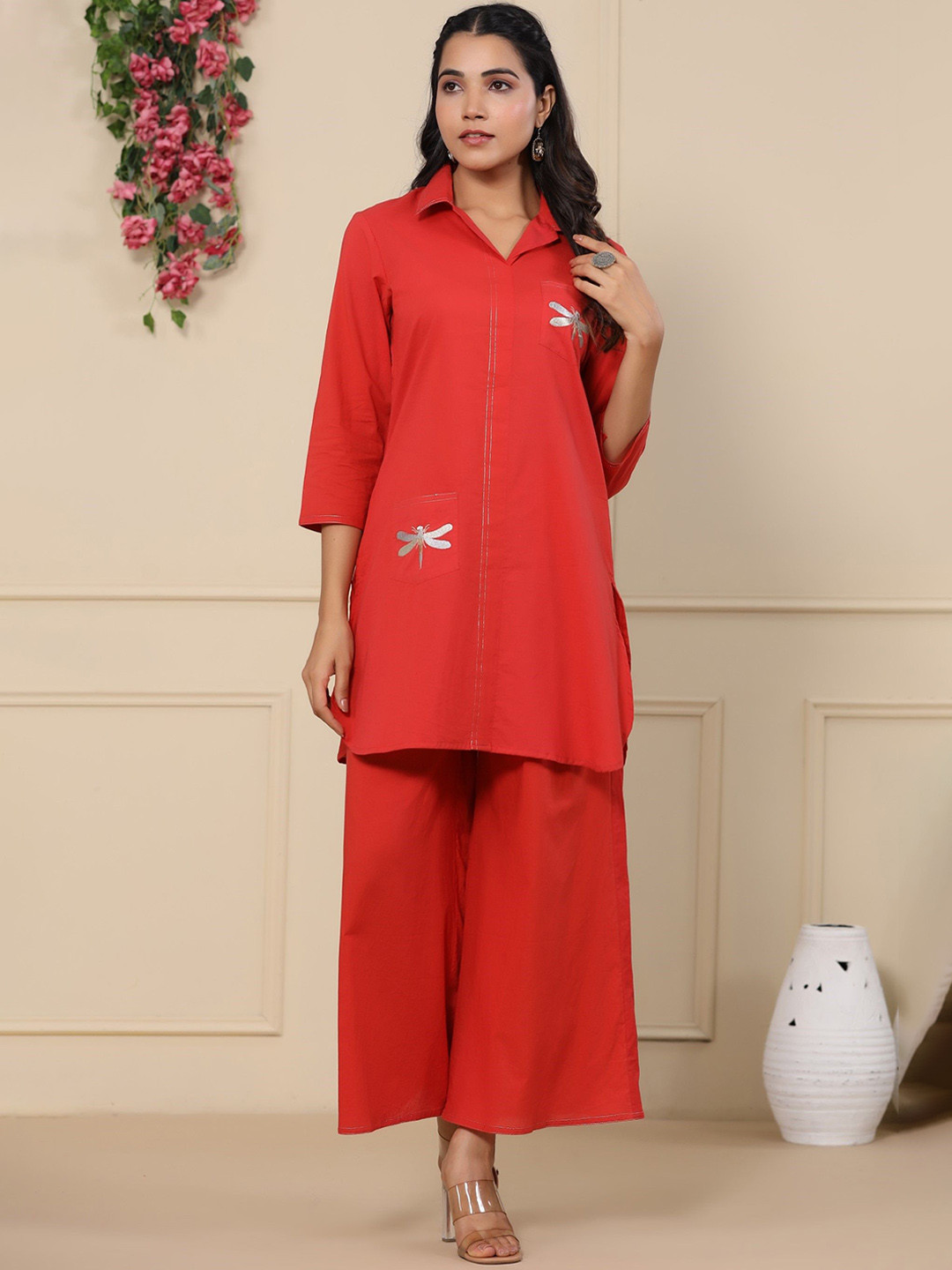 AUTUMN LANE Jayti Crimson Butterfly Pure Cotton Tunic With Palazzo Co-Ords