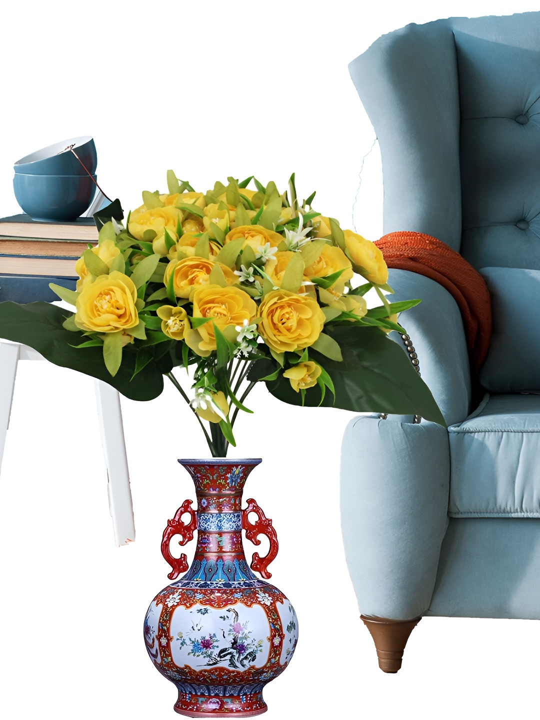 OGI INTERIORS Yellow & Green Rose Artificial Flower