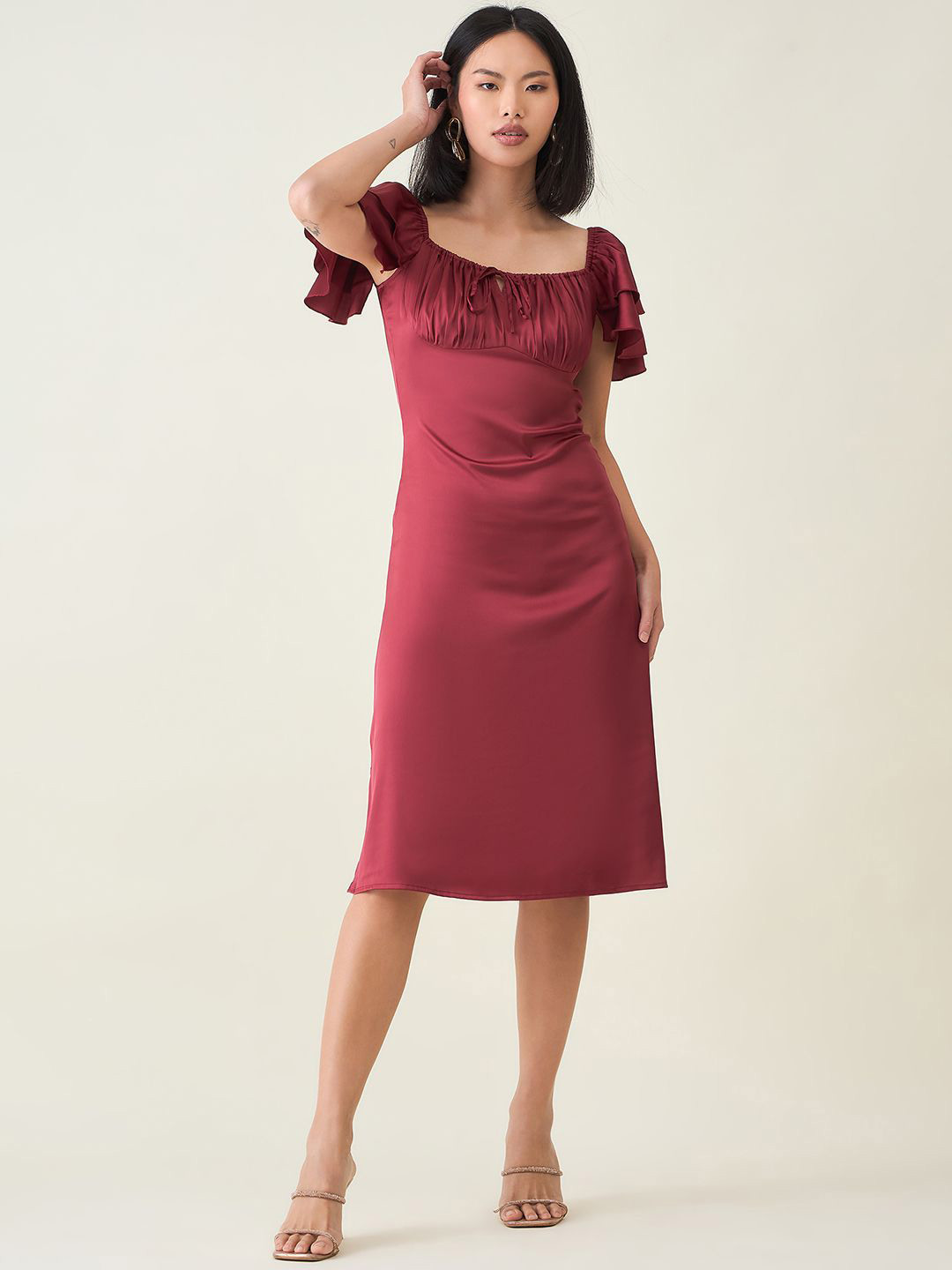 aayu Women Satin Tie-Up Neck Flutter Sleeves Knee Length Shift Dress With Slits