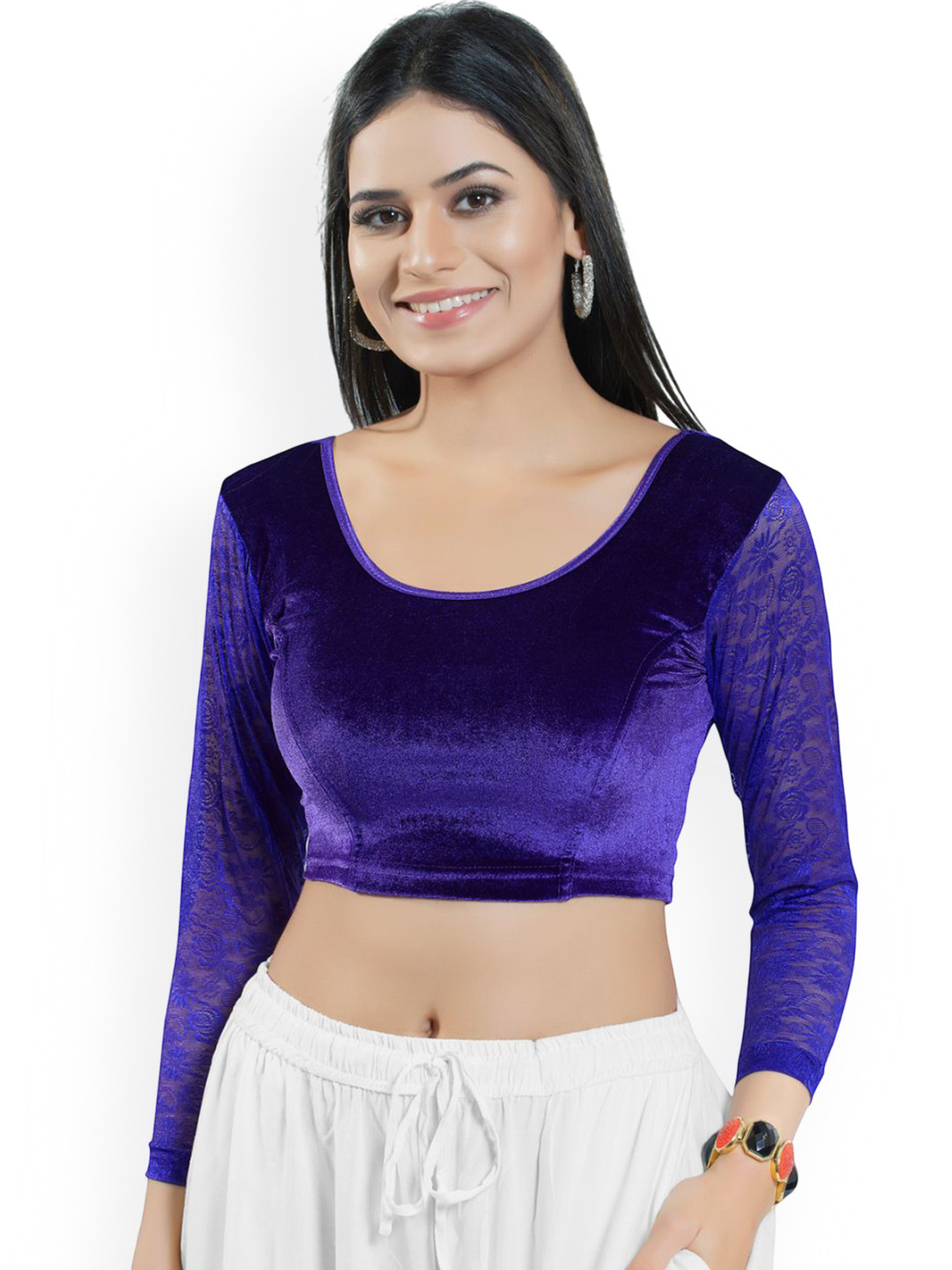 VAMAS - THE DESIGNER BLOUSES Velvet Round Neck Non-Padded Stretchable Readymade Blouse