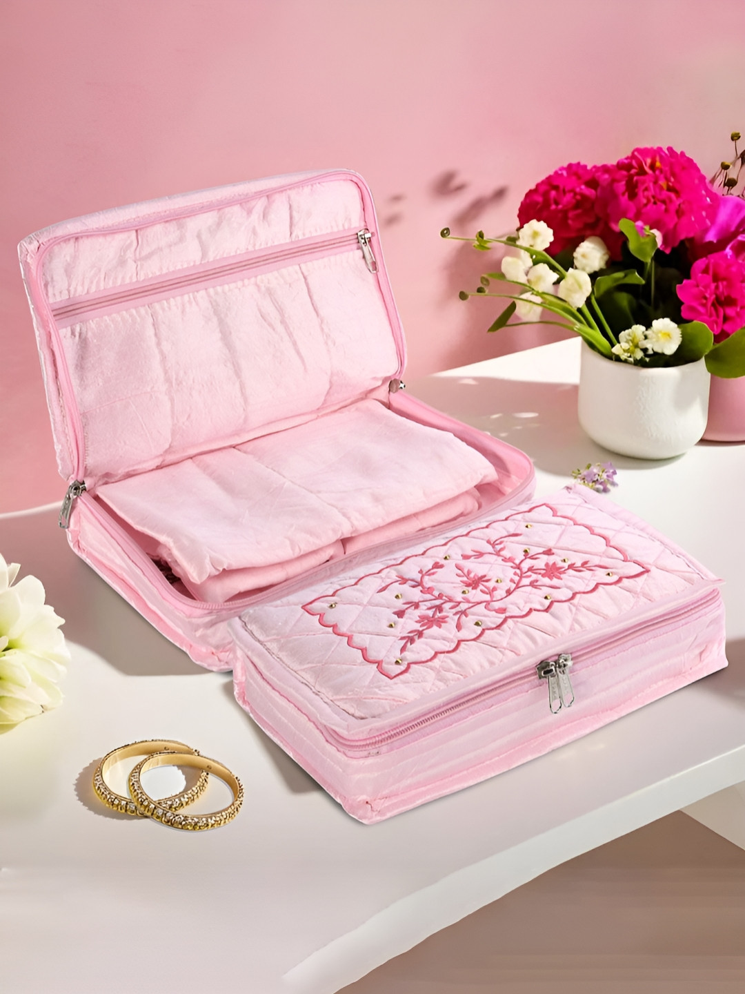 Myntra Elegant Homes Pink 2 Pcs Jewellery Box 7-Compartments Pouch Travel Organisers