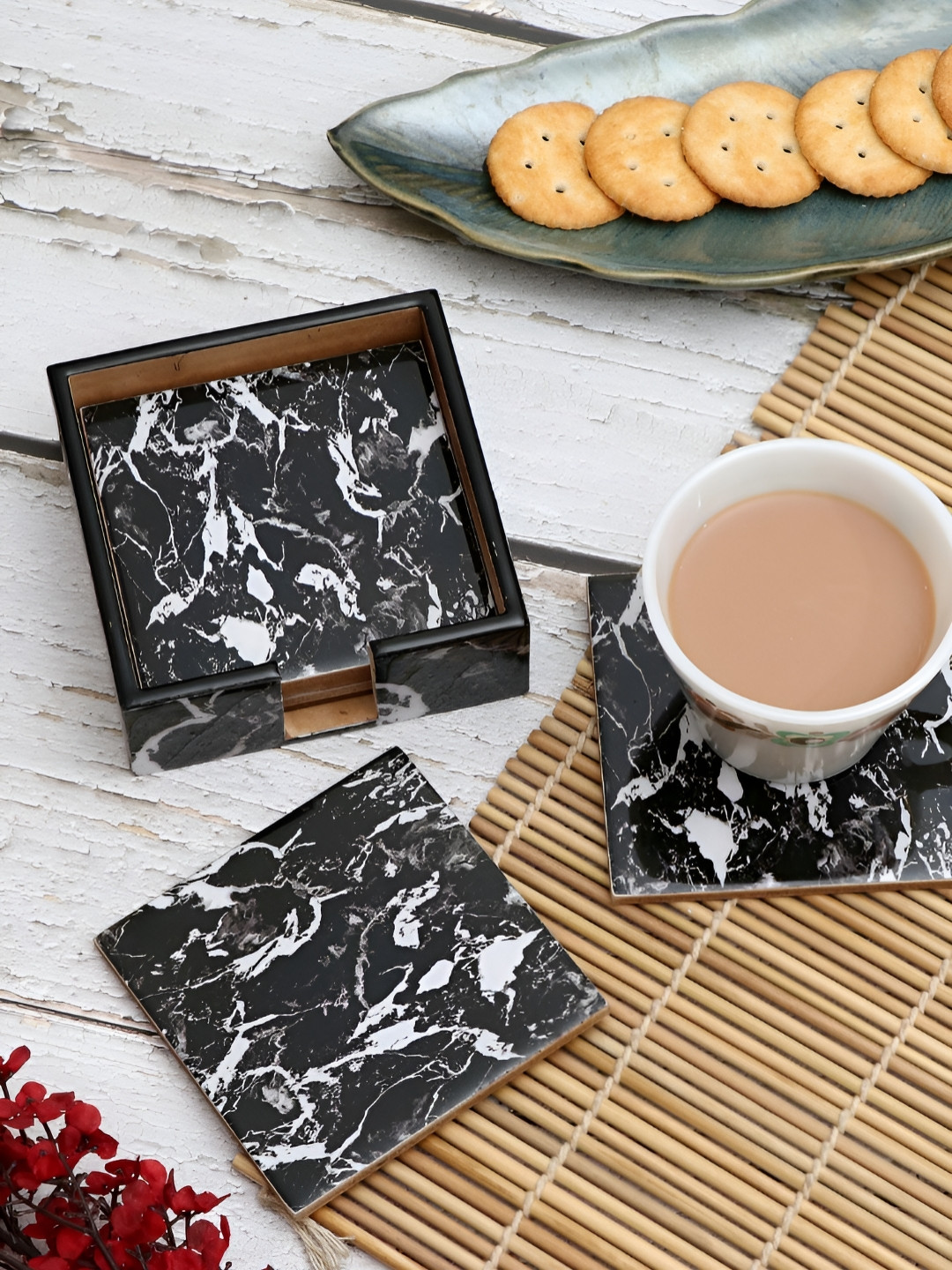 DULI White & Black 6 Pcs Abstract Printed Square Enamel Wooden Coasters With Stand