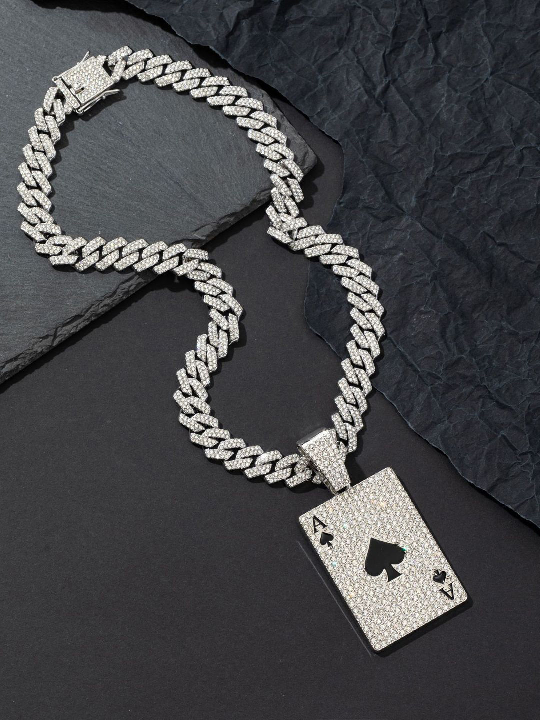 Krelin Men Silver Plated Crystal Studded Hip Hop Playing Card Pendant With Chain