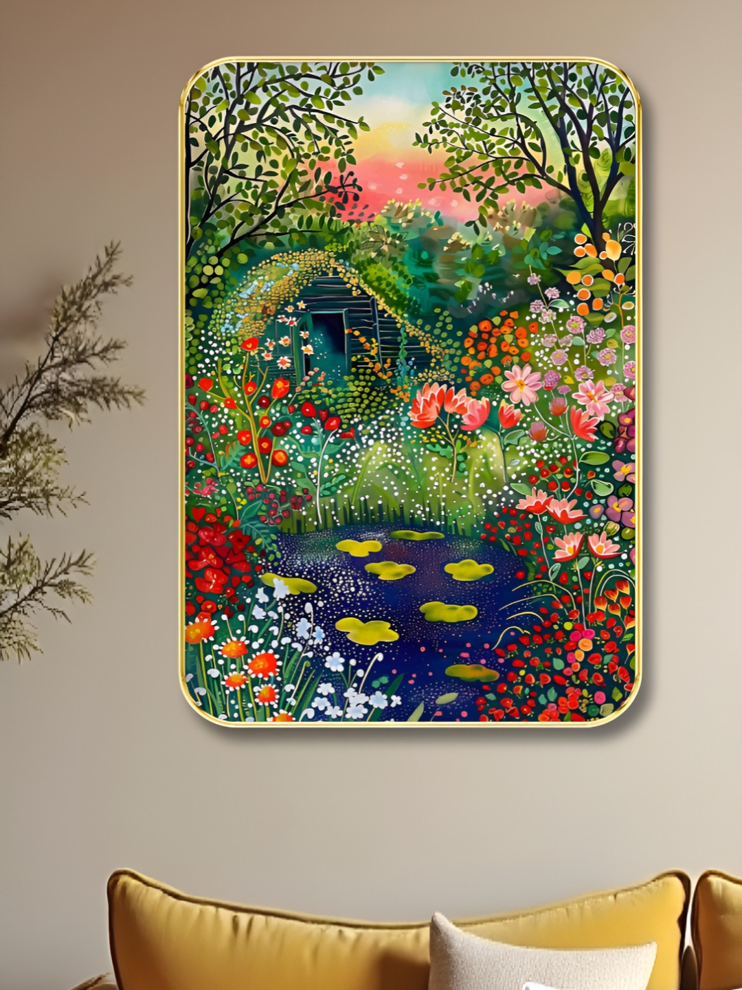 SAF Green & Pink Hut Printed Wooden Wall Painting