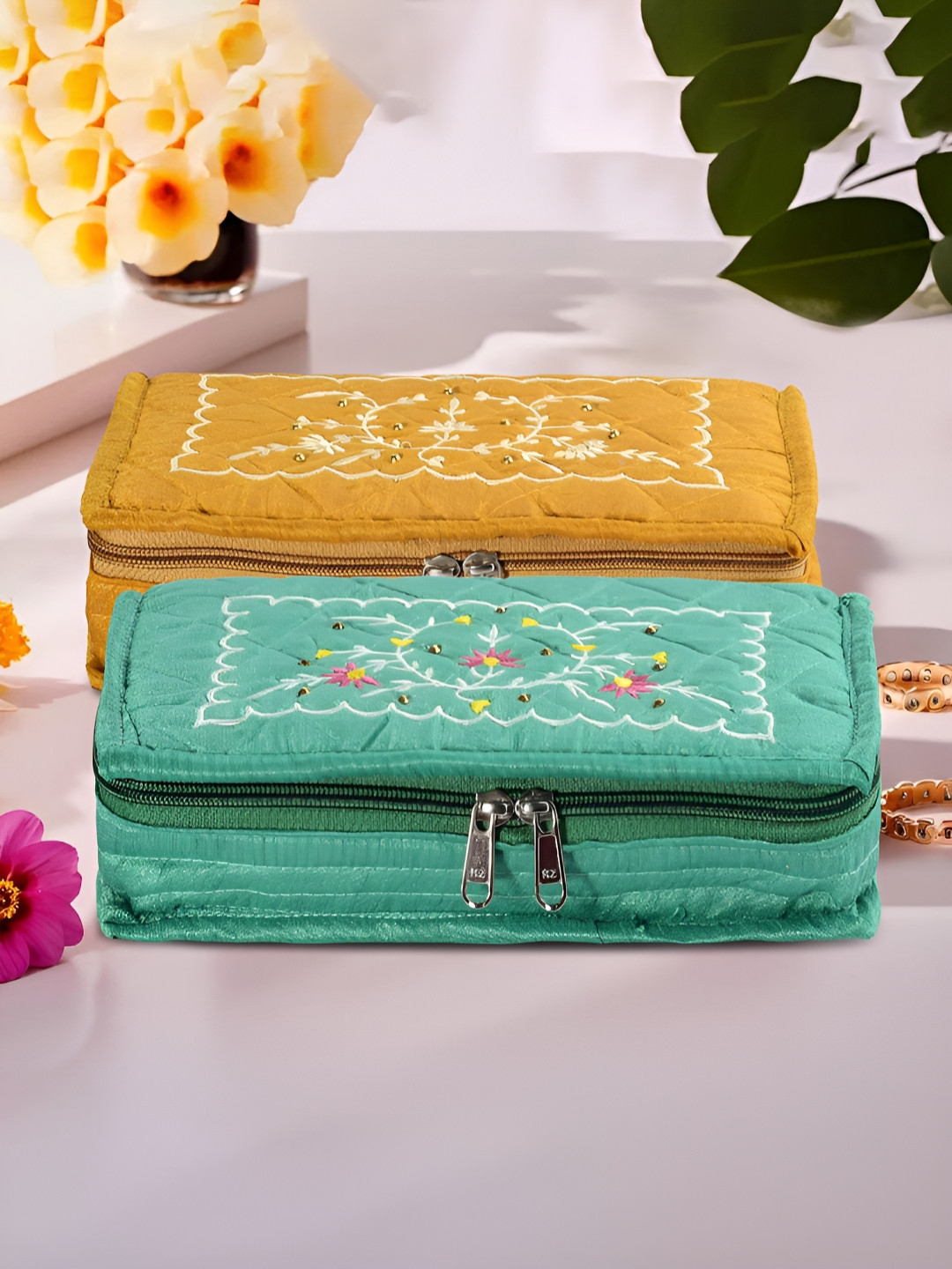 Myntra Elegant Homes Yellow 2 Pcs Jewellery Box 7-Compartments Pouch Jewellery Organisers
