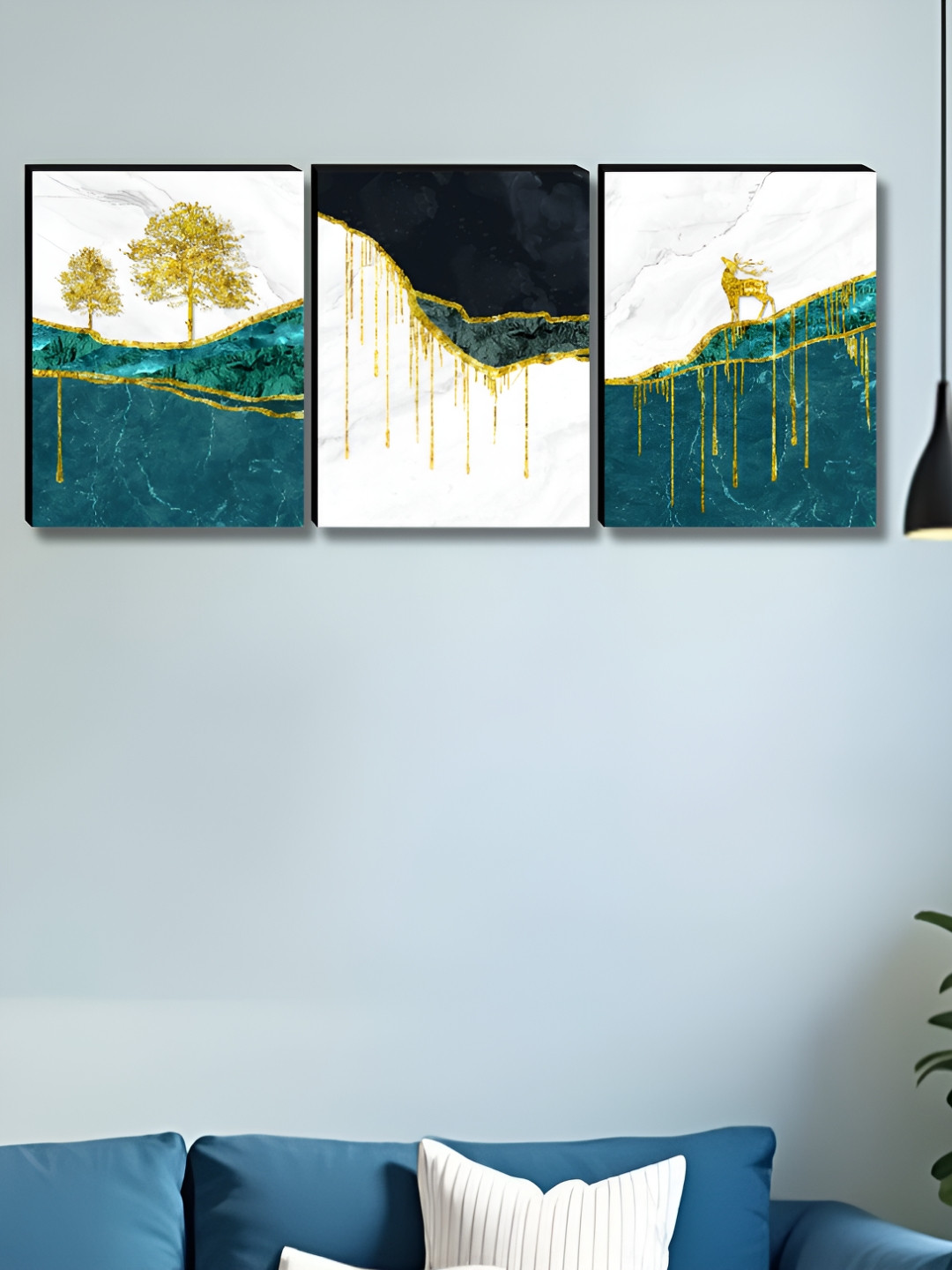 Aura White & Gold-Toned 3 Pieces Tree and Deer Wooden Painting Wall Art