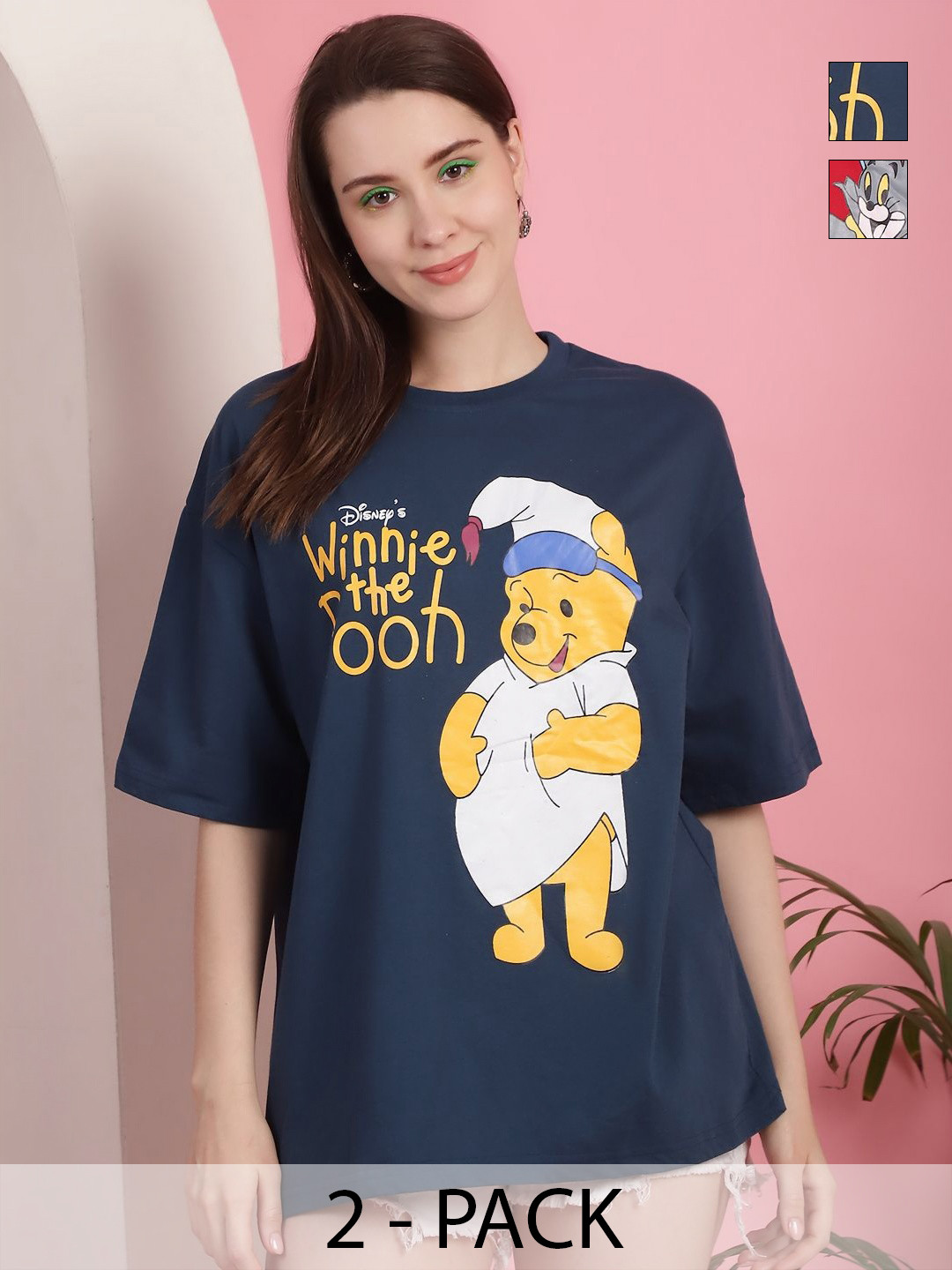 Dreambe Women Pack of 2 Winnie The Pooh Typography Printed Cotton Oversized T-shirts