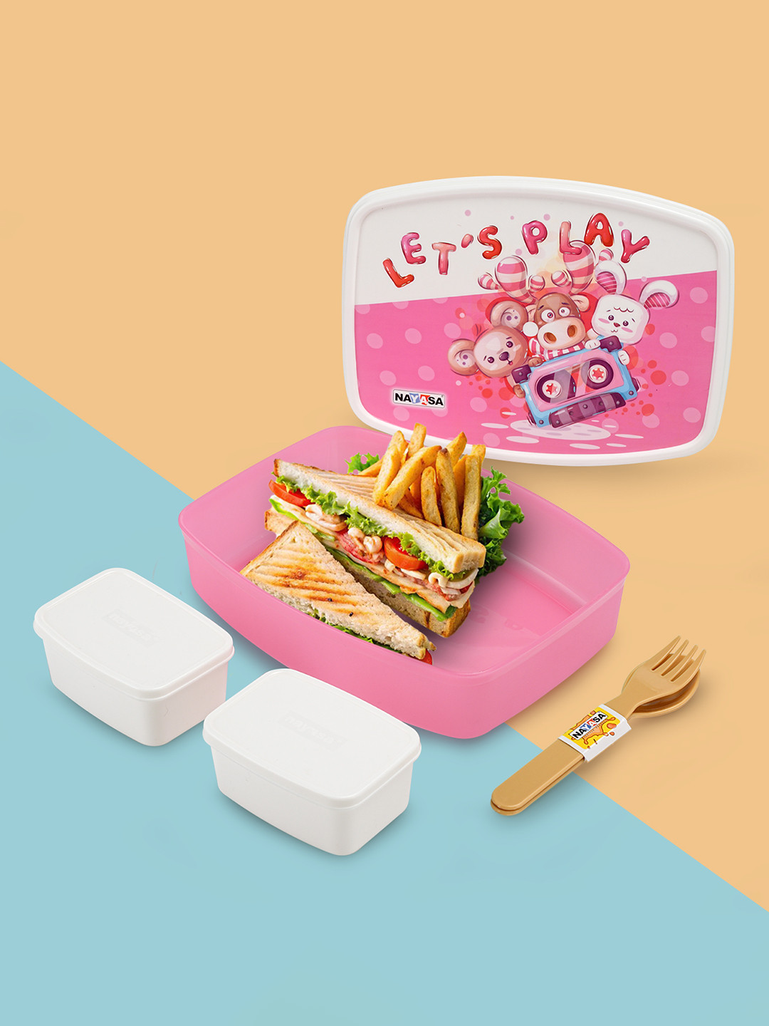 Nayasa Witty Deluxe Big Cute Cheerful Animal Print 4PCs Lunch Box With Spoon and Fork