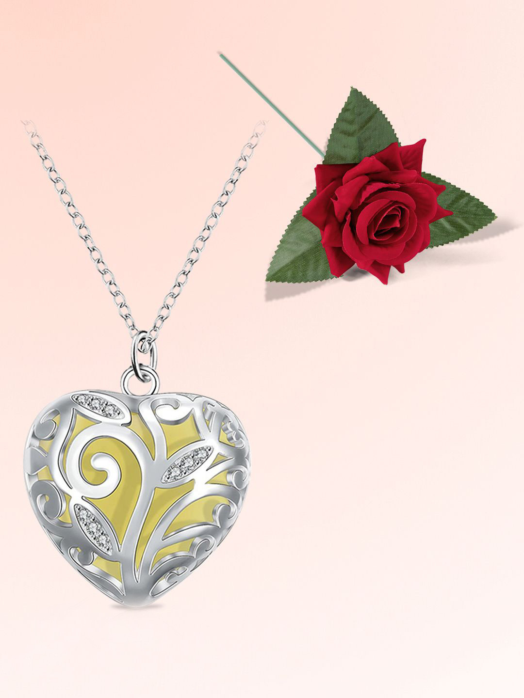 Peora Silver-Plated Cubic Zirconia Studded Heart Of Winter Pendant Chain With Rose