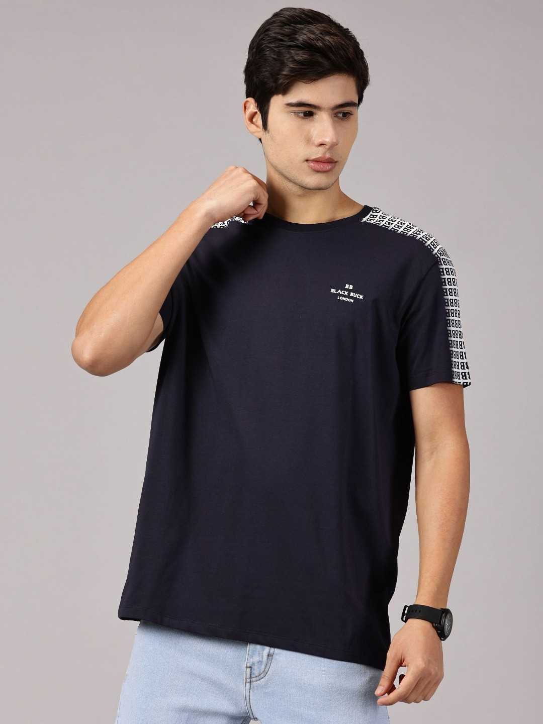 BLACK BUCK Printed Cotton Crew Neck T-shirt