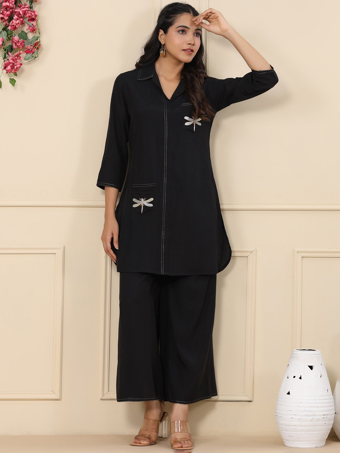 AUTUMN LANE Jayti Onyx Butterfly Embroidered Pure Cotton Tunic & Palazzo Co-Ord Set