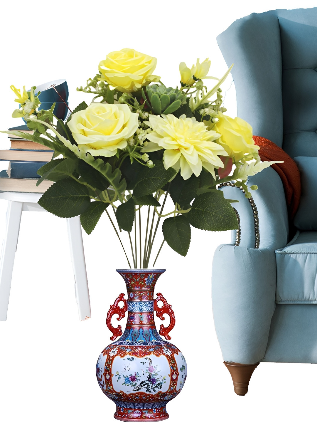 OGI INTERIORS Yellow & Green Roses Artificial Flower