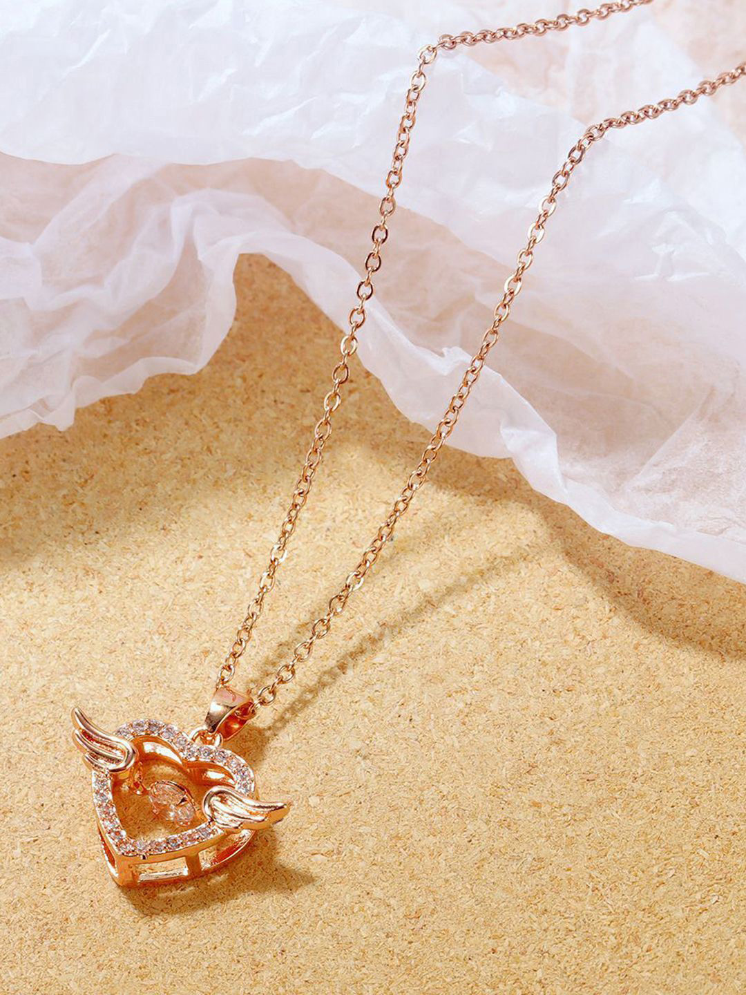 Peora Rose Gold Plated American Diamond Studded Heart Necklace With Chain And Red Rose