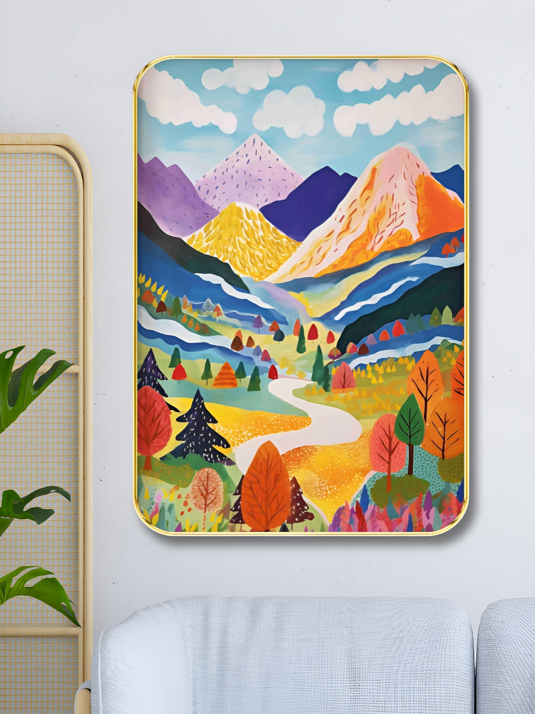 SAF Blue & Yellow River & Mountains Floral And Botanical Wooden Wall Art
