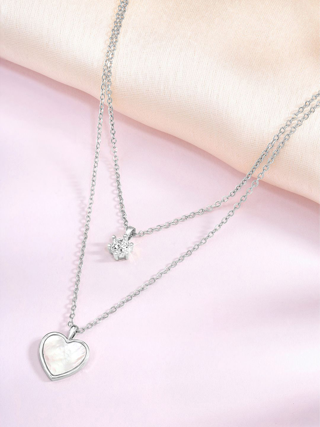 Peora Silver Plated Crystal Studded & Heart Shaped Two Layer Pendant With Chain And Rose