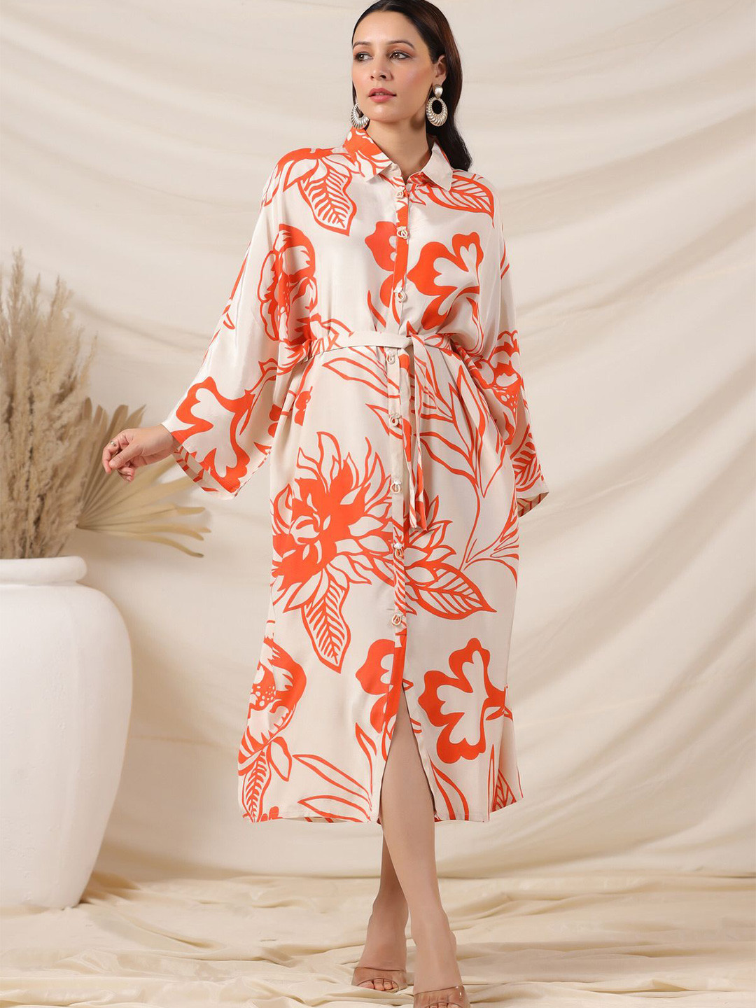 JISORA Women Orange Floral Printed Russian Silk A-Line Midi Dress With Belt