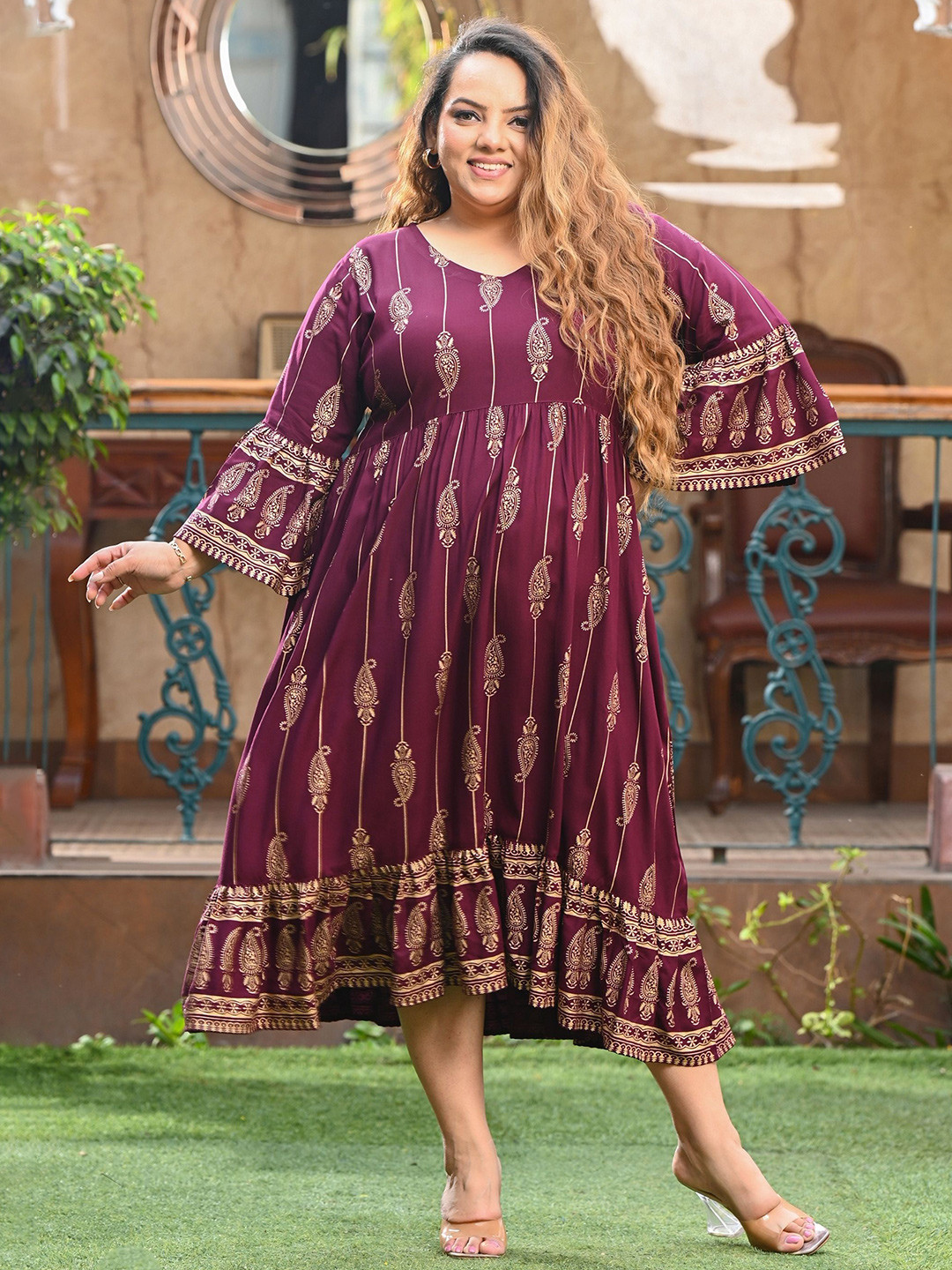 PrettyPlus by Desinoor.com Women Plus Size Wine Gold Print Gathered Dress