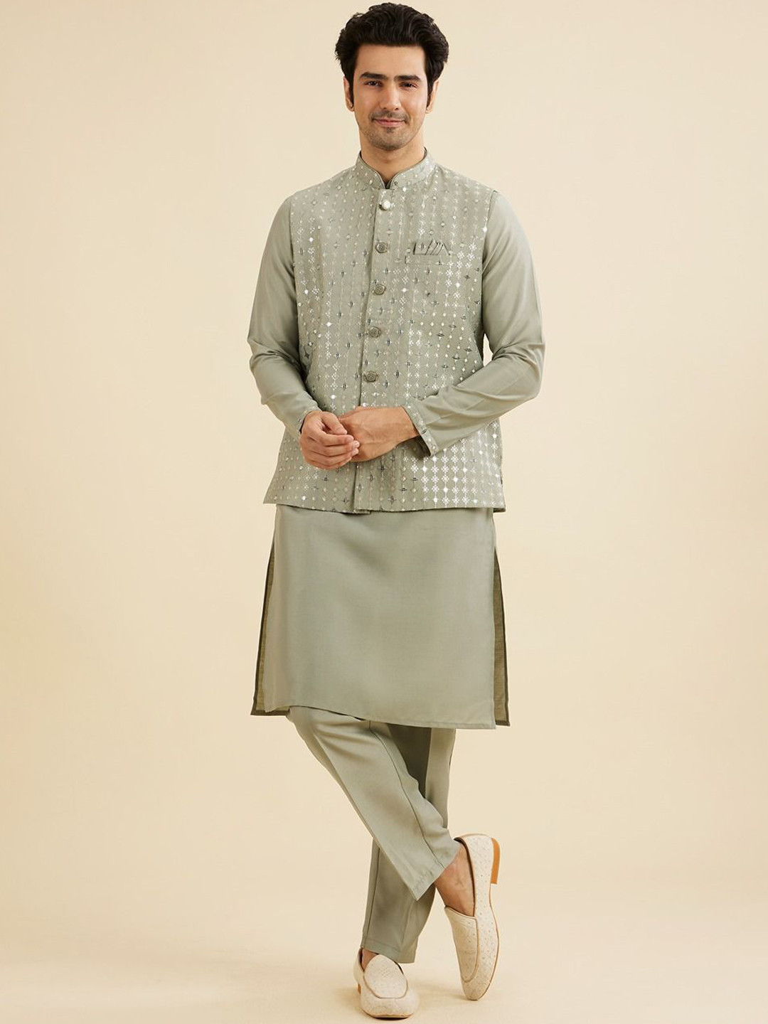 Manyavar Art Silk Thread Work Mandarin Collar Straight Kurta With Trousers And Jacket