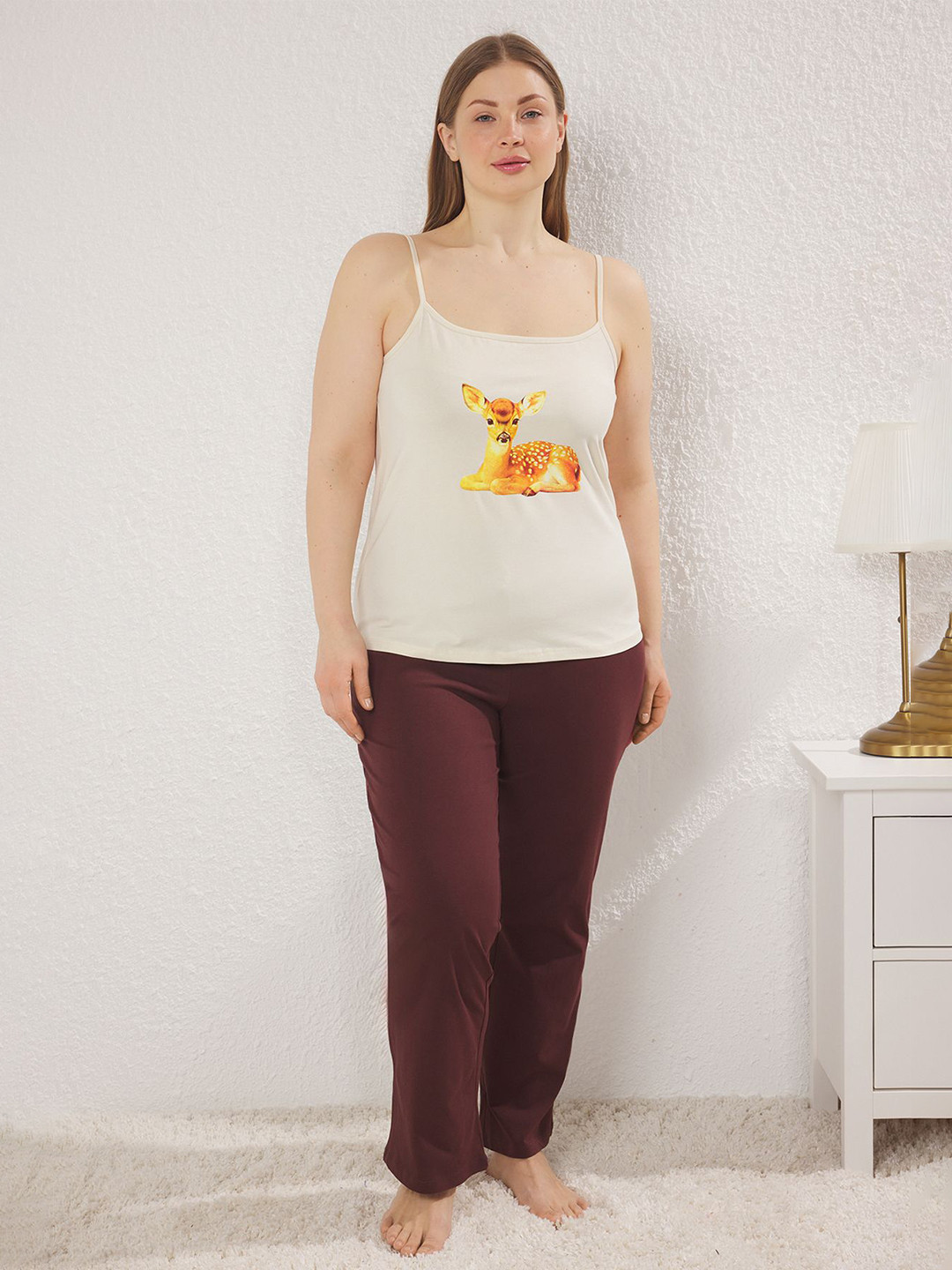Trendyol Deer Printed Pure Cotton Top & Trousers Night Suit