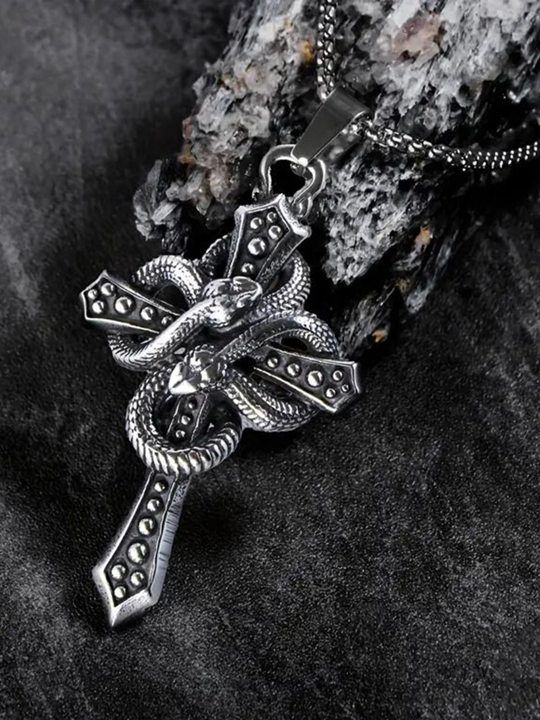 The Roadster Lifestyle Co Men Stainless Steel Silver-Plated Snake Cross Pendant With Chain