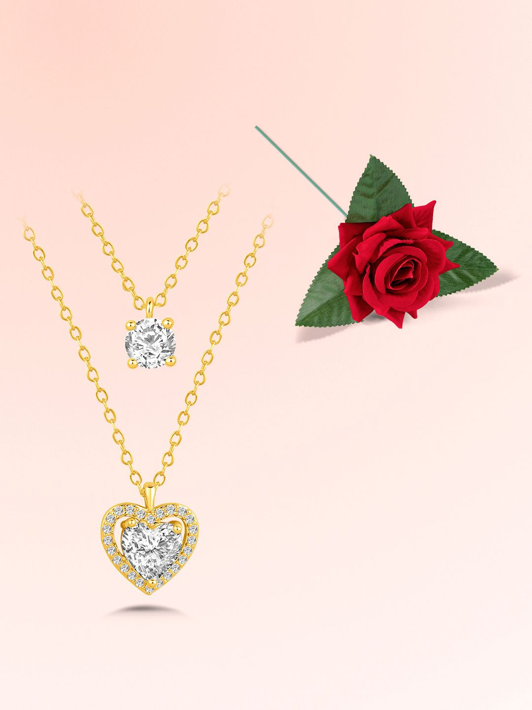 Peora Gold-Plated Cubic Zirconia Studded Heart Shaped Pendants with Chains & Red Rose