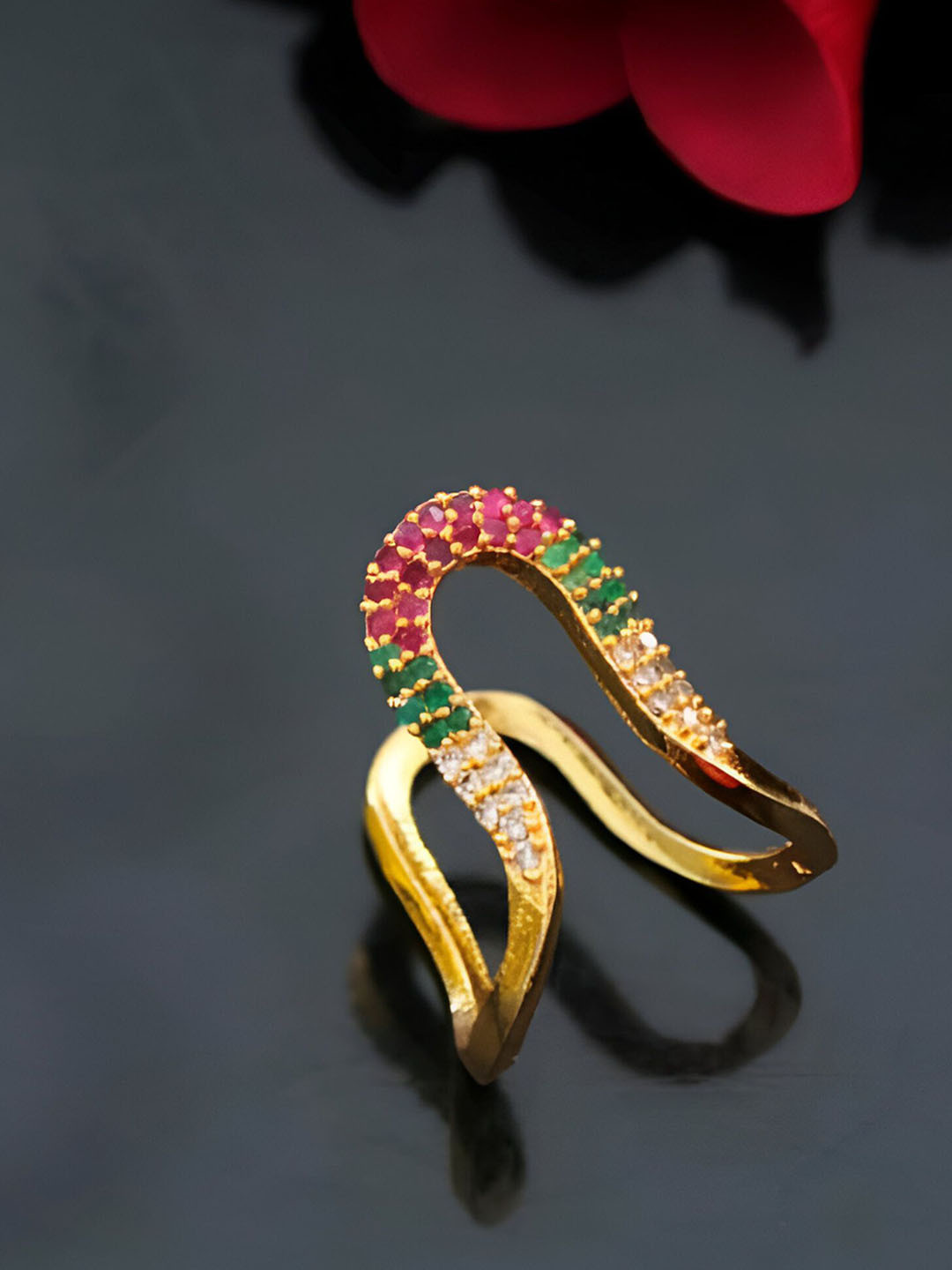 DIMIKI Gold-Plated American Diamonds Studded Vanki Adjustable Finger Ring