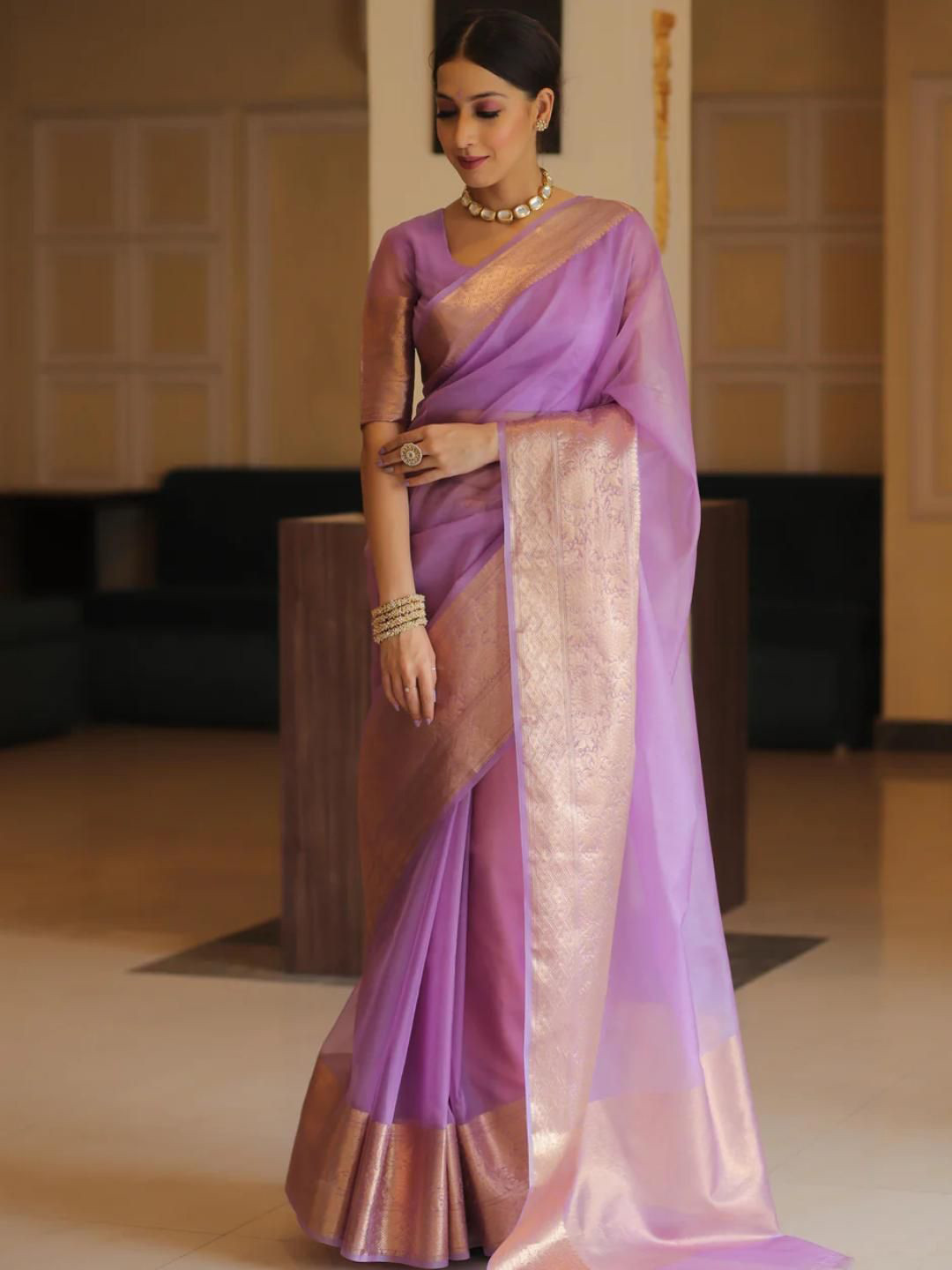 KALINI Woven Design With Zari Organza Detail Kanjeevaram Saree