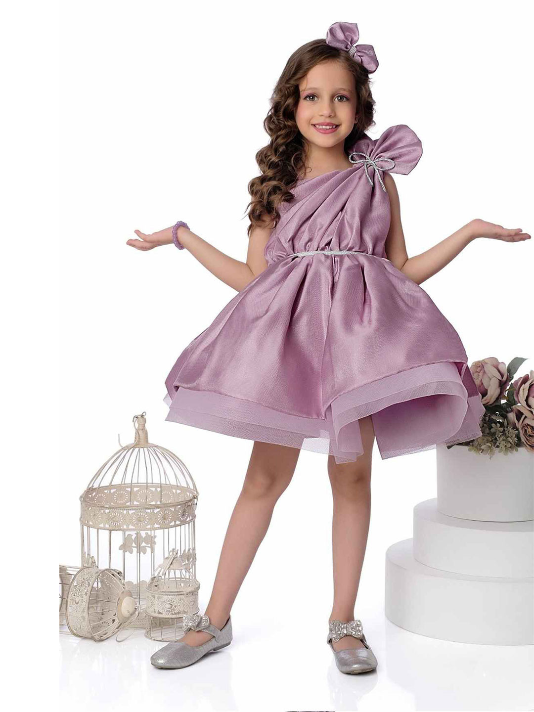 Lagorii Girls Bow Embellished With Stone Work Party Wear Frock Mauve
