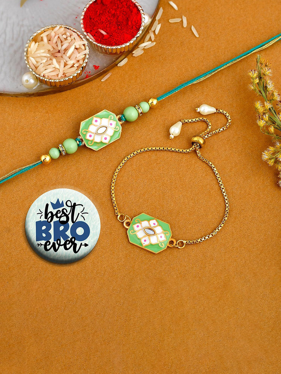 Ascension 2 Pcs Bhaiya Bhabhi Beaded Rakhi With Fridge Magnet & Roli Tilak Gift Set